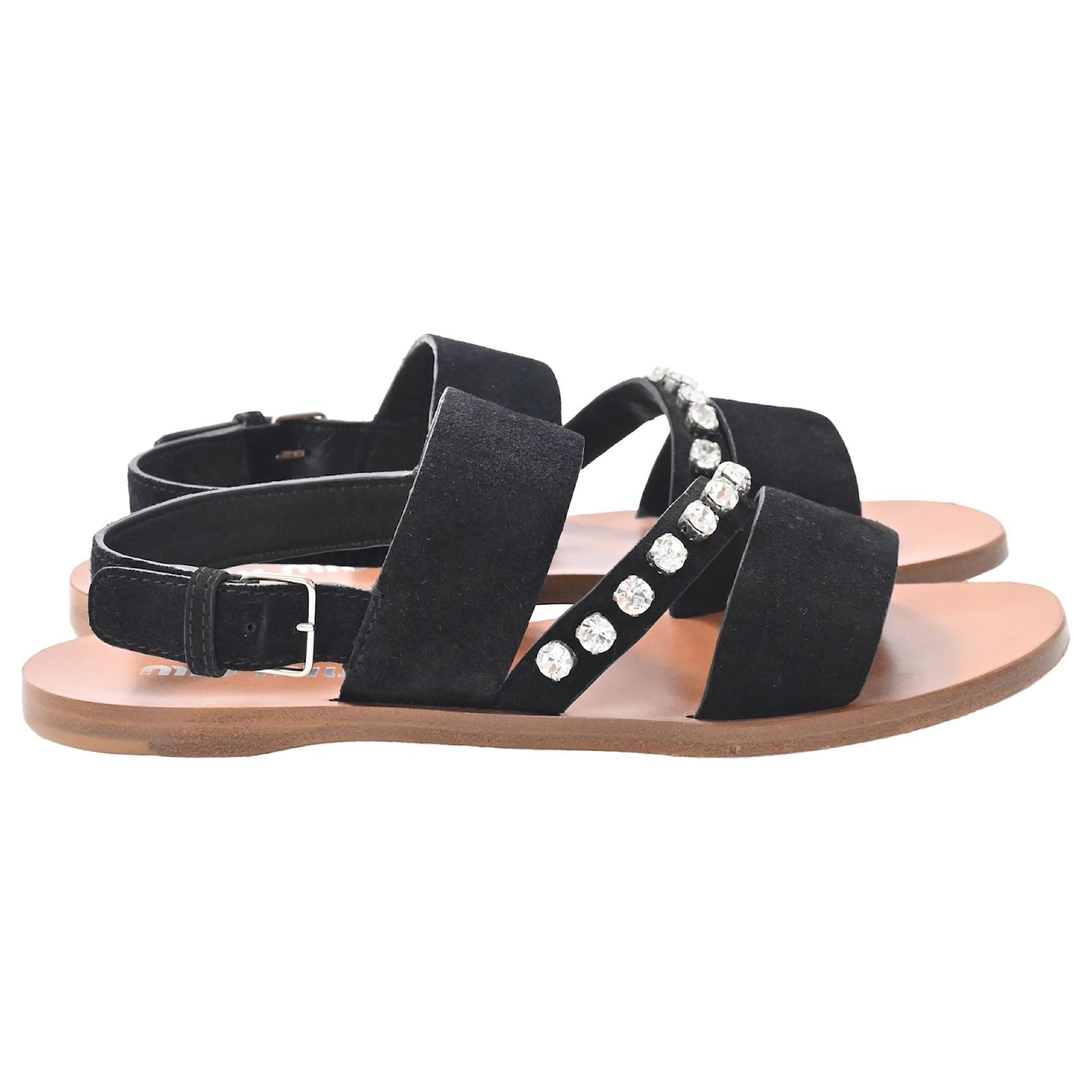 Miu Miu Crystal-Embellished Slingback Flat Sandals in Black Suede  ref.2297834