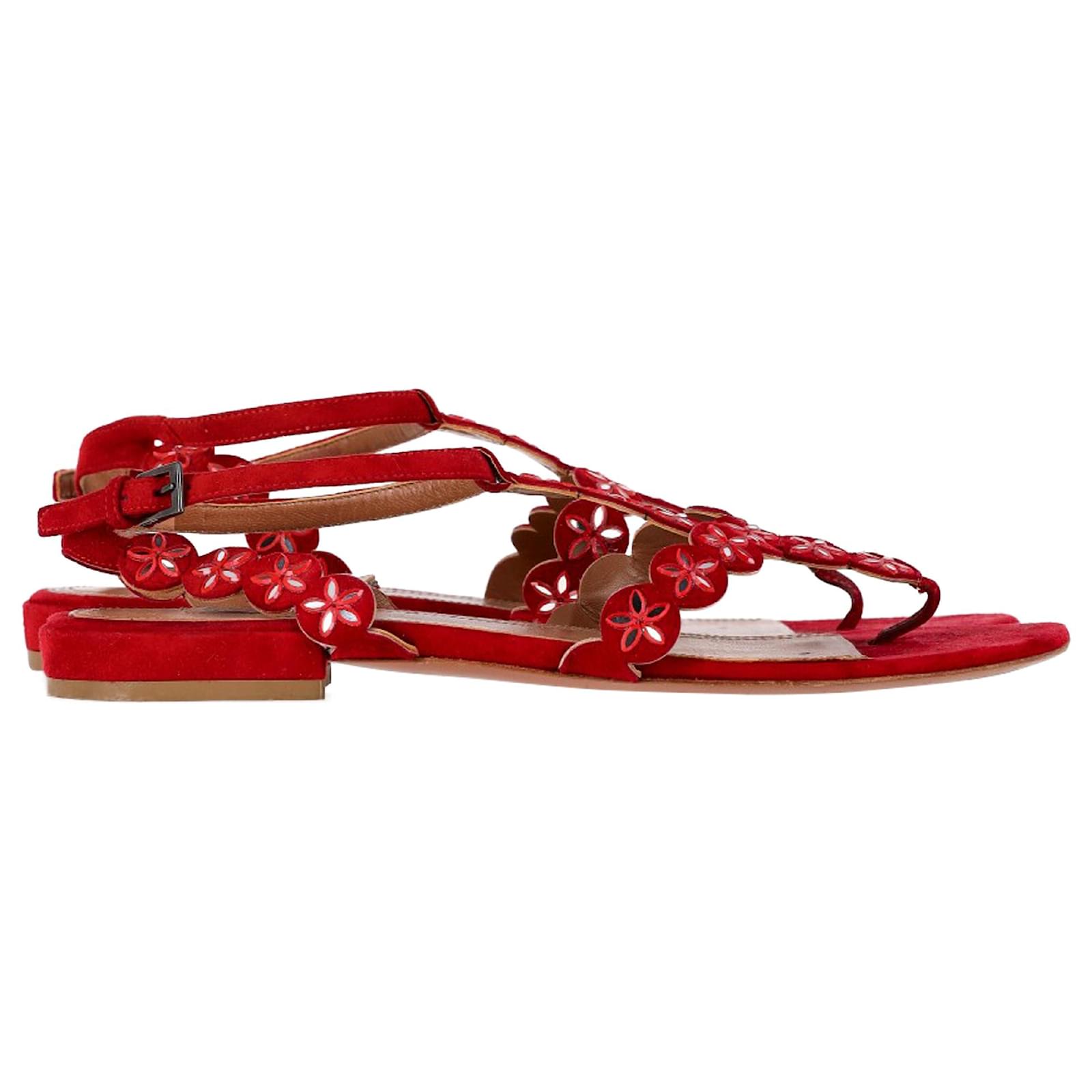 Alaïa Flower Lasercut Ankle Strap Flat Sandals in Red Suede Dark red Leather  ref.2295722