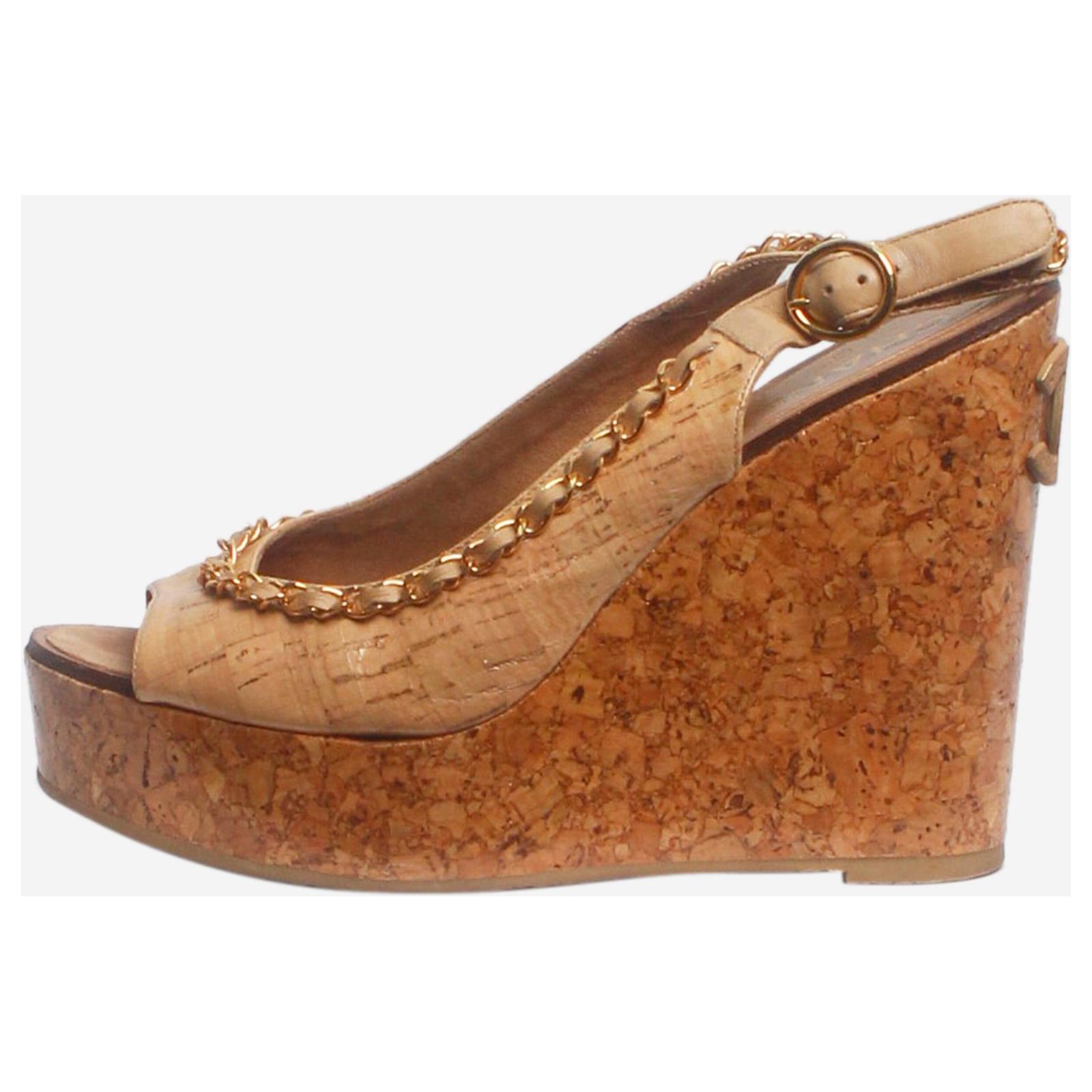 Chanel Brown peep-toe wedge slingback sandals - size EU 39 Leather  ref.2292340