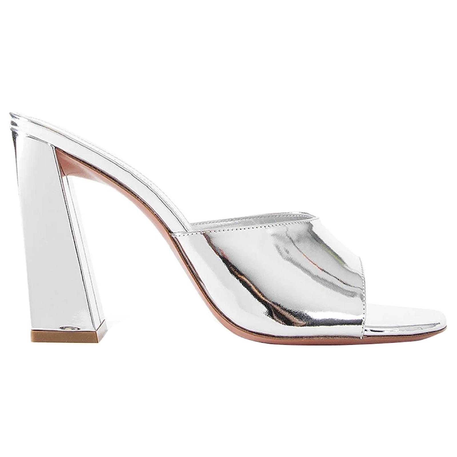 Amina Muaddi Brigitte 95 Mirror Mules Silvery Metallic Leather Pony-style calfskin  ref.2326433