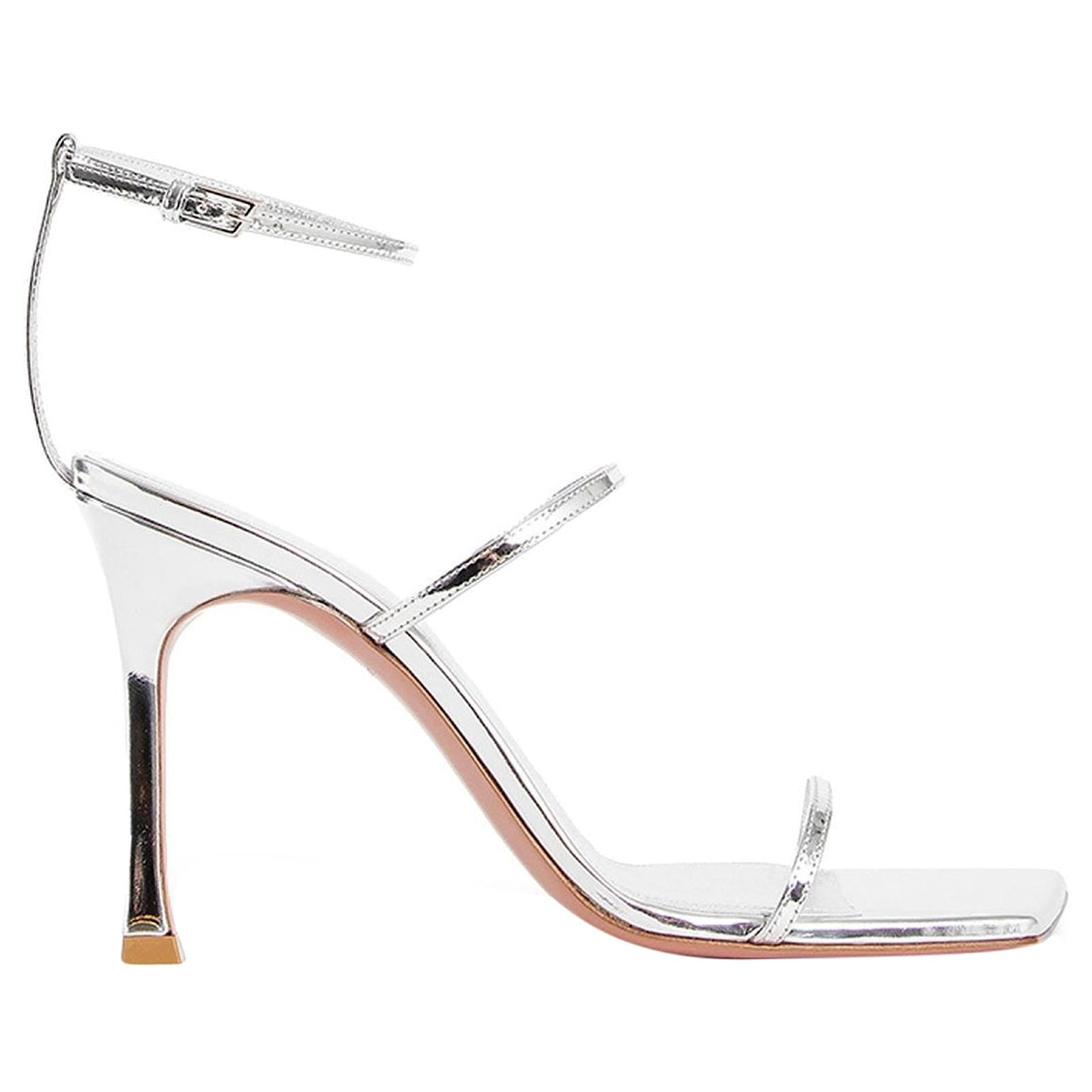 Amina Muaddi Maya Leather Sandals Silvery Metallic Pony-style calfskin  ref.2326130