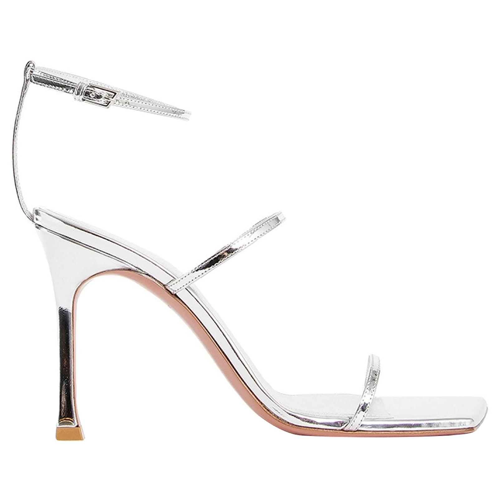 Amina Muaddi Maya Leather Sandals Silvery Metallic Pony-style calfskin  ref.2325897