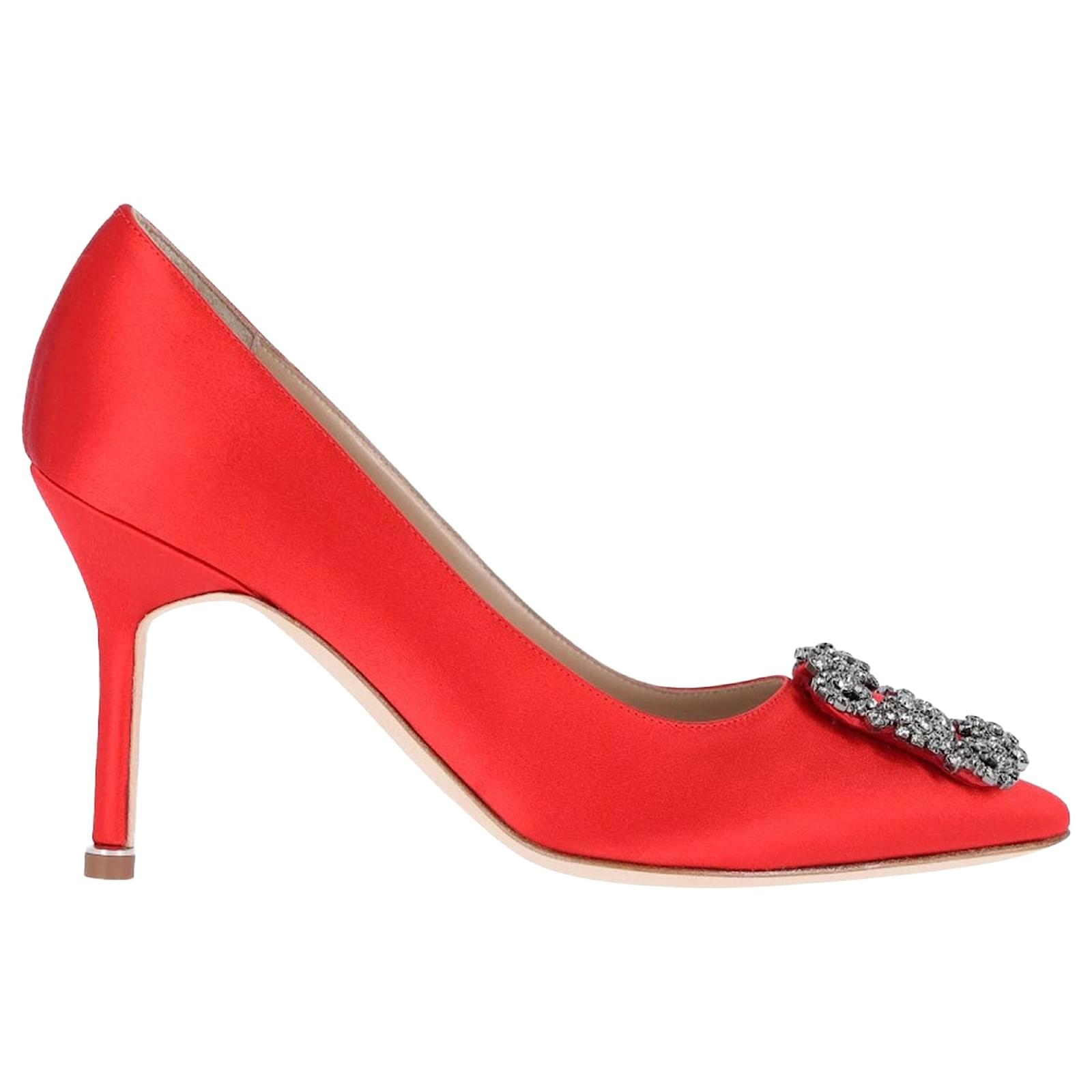 Manolo Blahnik Hangisi 090 Satin Pumps Red Silk  ref.2325891