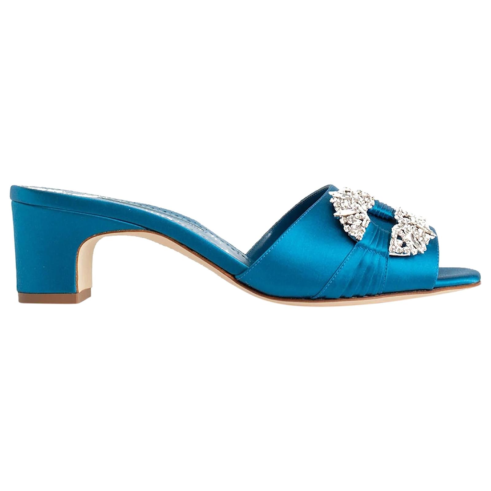 Manolo Blahnik Prinap 050 Satin Mules Blue Silk  ref.2325860