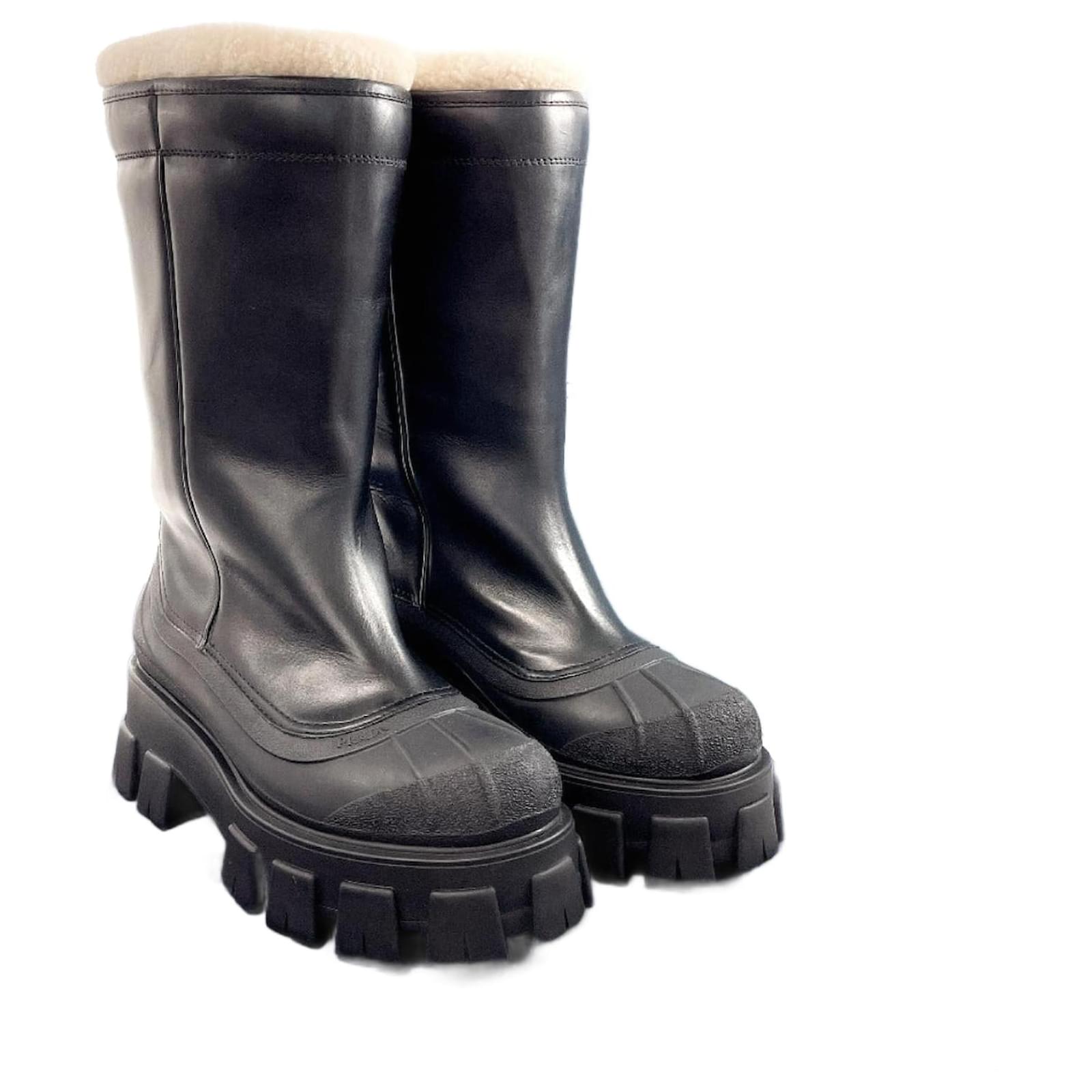 Prada Monolith Shearling Boots Leather Black  ref.2321648