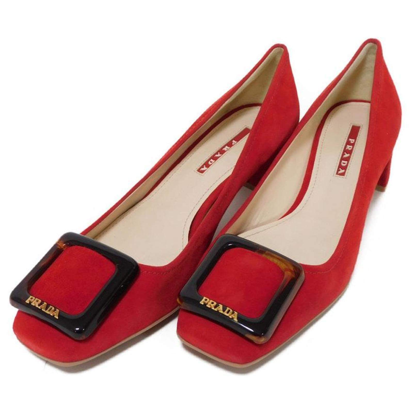 Prada Suede Pointed Toe Buckle Pumps Red Leather  ref.2321567