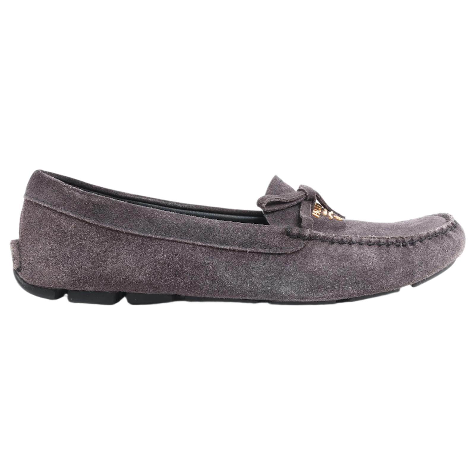 Prada Suede Bow Loafers in Gray, Size 39 EU Grey  ref.2319986