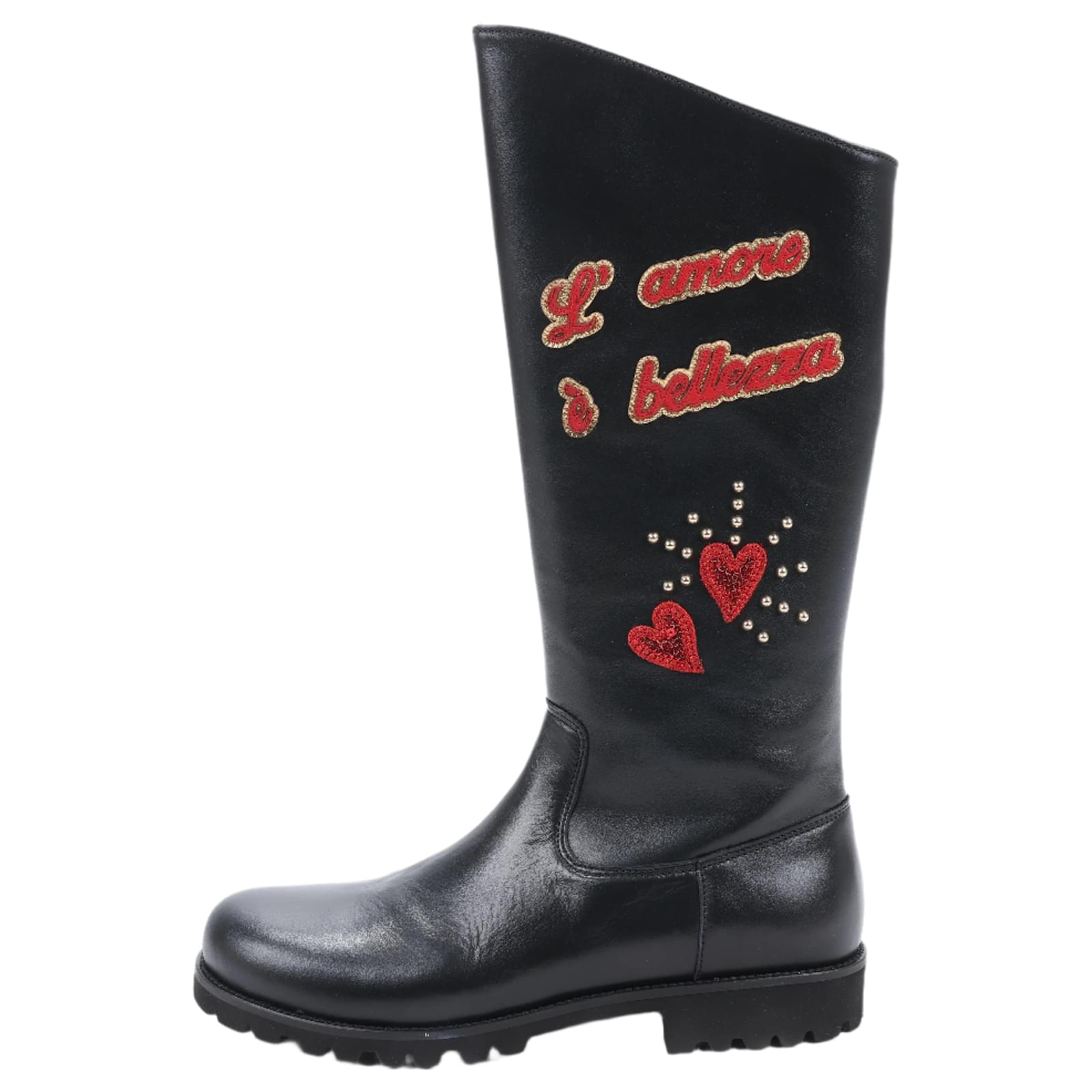 Dolce & Gabbana Leather Boots Black x Red Studs Sequins Patch in Size 37 EU  ref.2319647