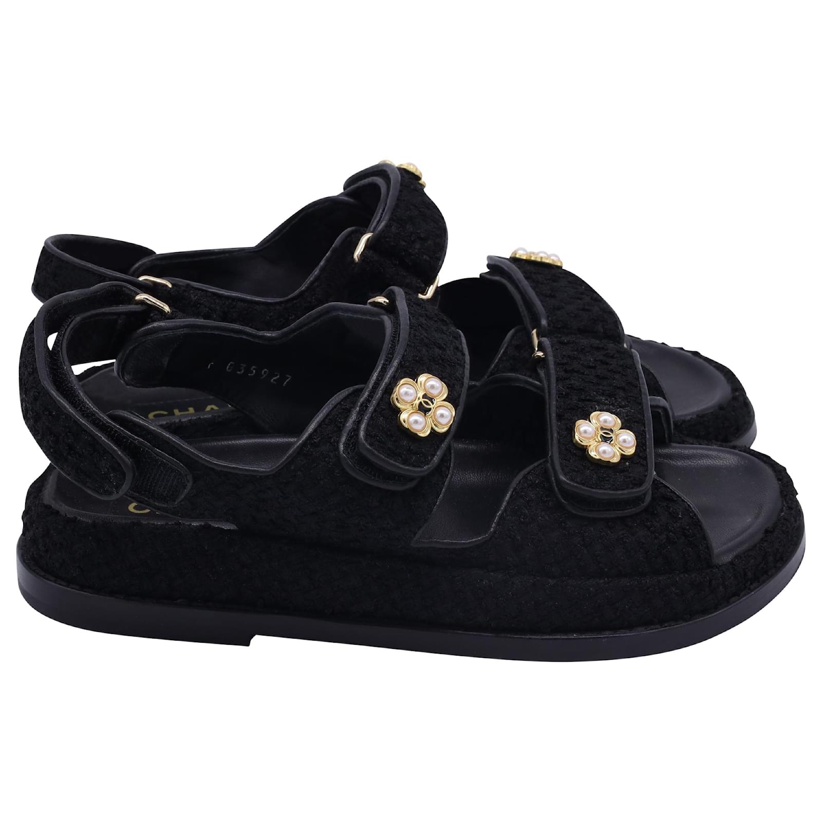 Chanel Velcro Dad Sandals in Black Tweed Cotton  ref.2317331