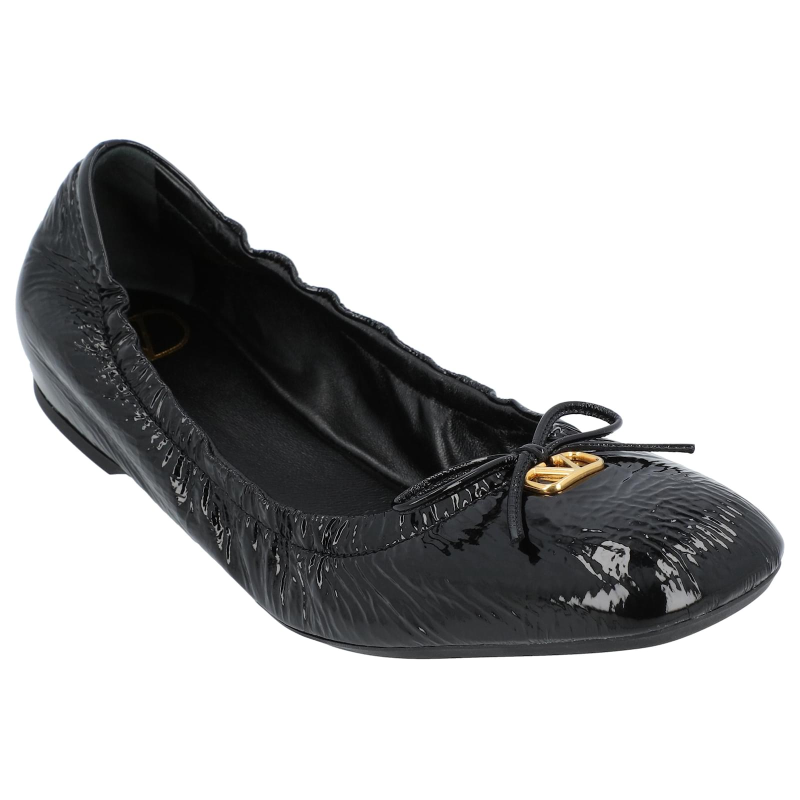 Valentino Garavani VLogo Signature Ruched Slip-On Ballerina Black Leather Goatskin  ref.2317305