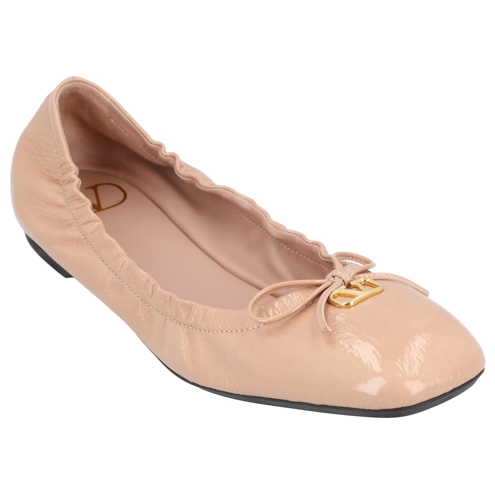 Valentino Garavani VLogo Signature Ruched Slip-On Ballerina Brown Beige Leather Goatskin  ref.2317301