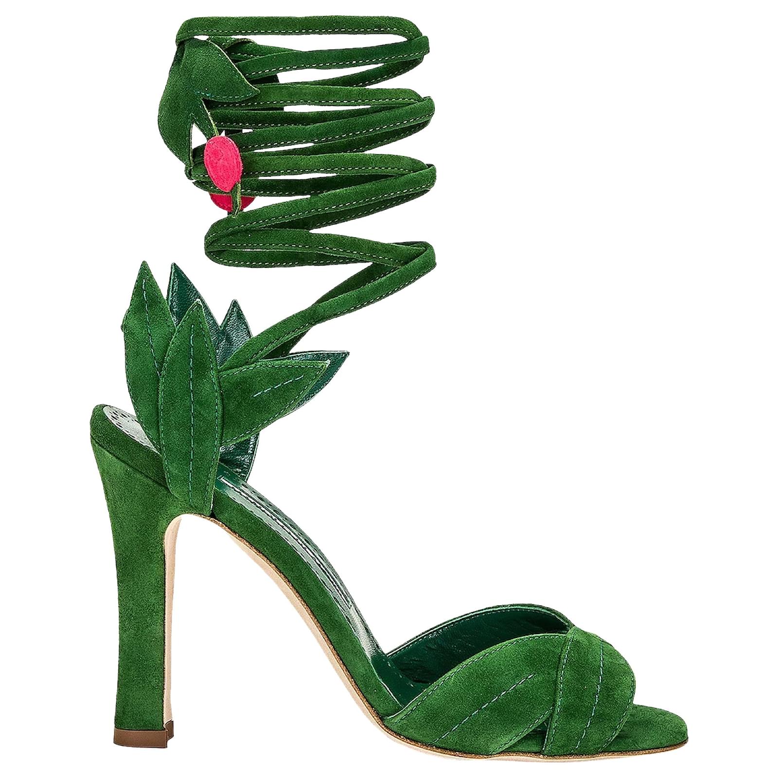 Manolo Blahnik Ossie 105 Wrap Sandals Green Leather Pony-style calfskin  ref.2314360