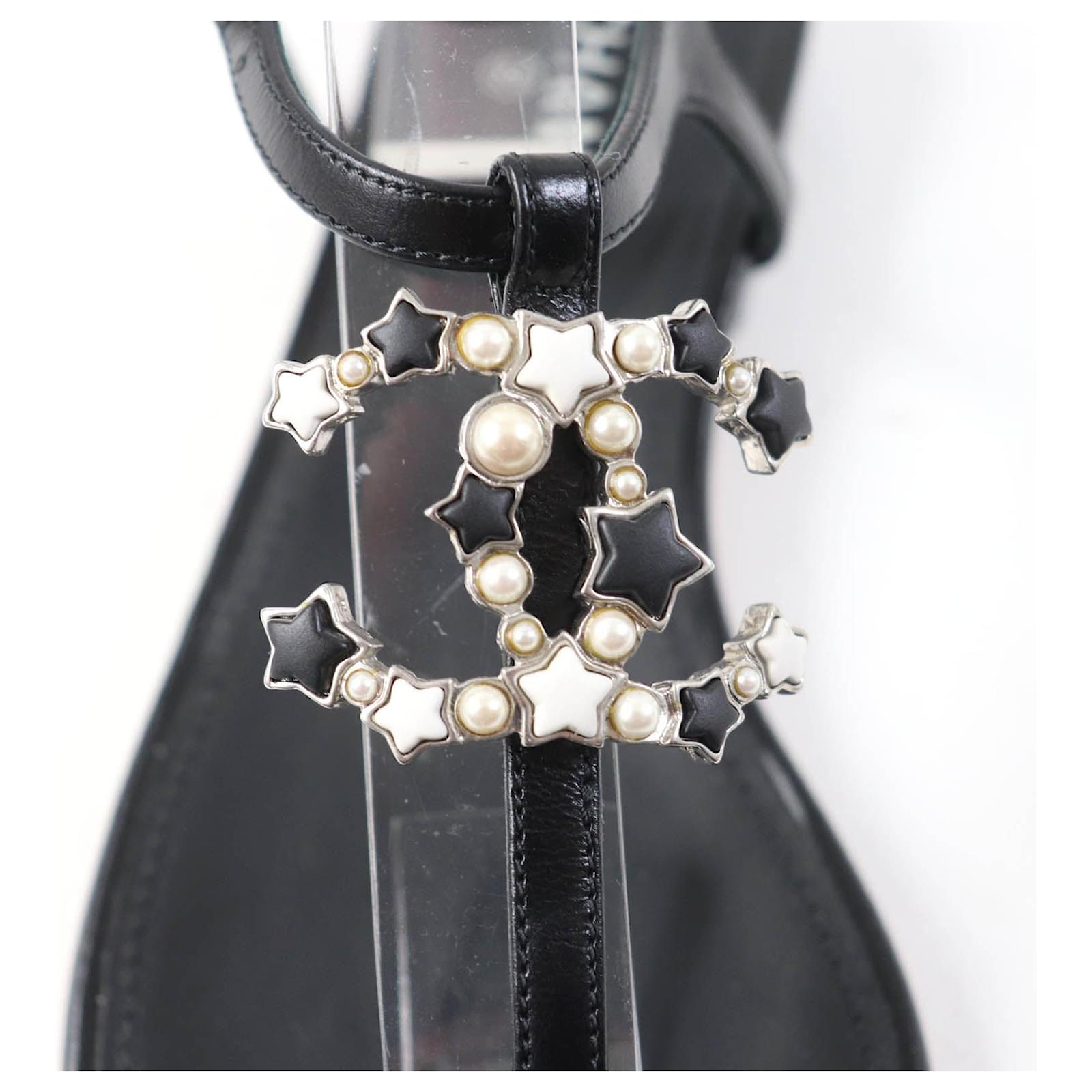 Chanel COCO Mark Star Pearl Sandals Black Leather  ref.1802140