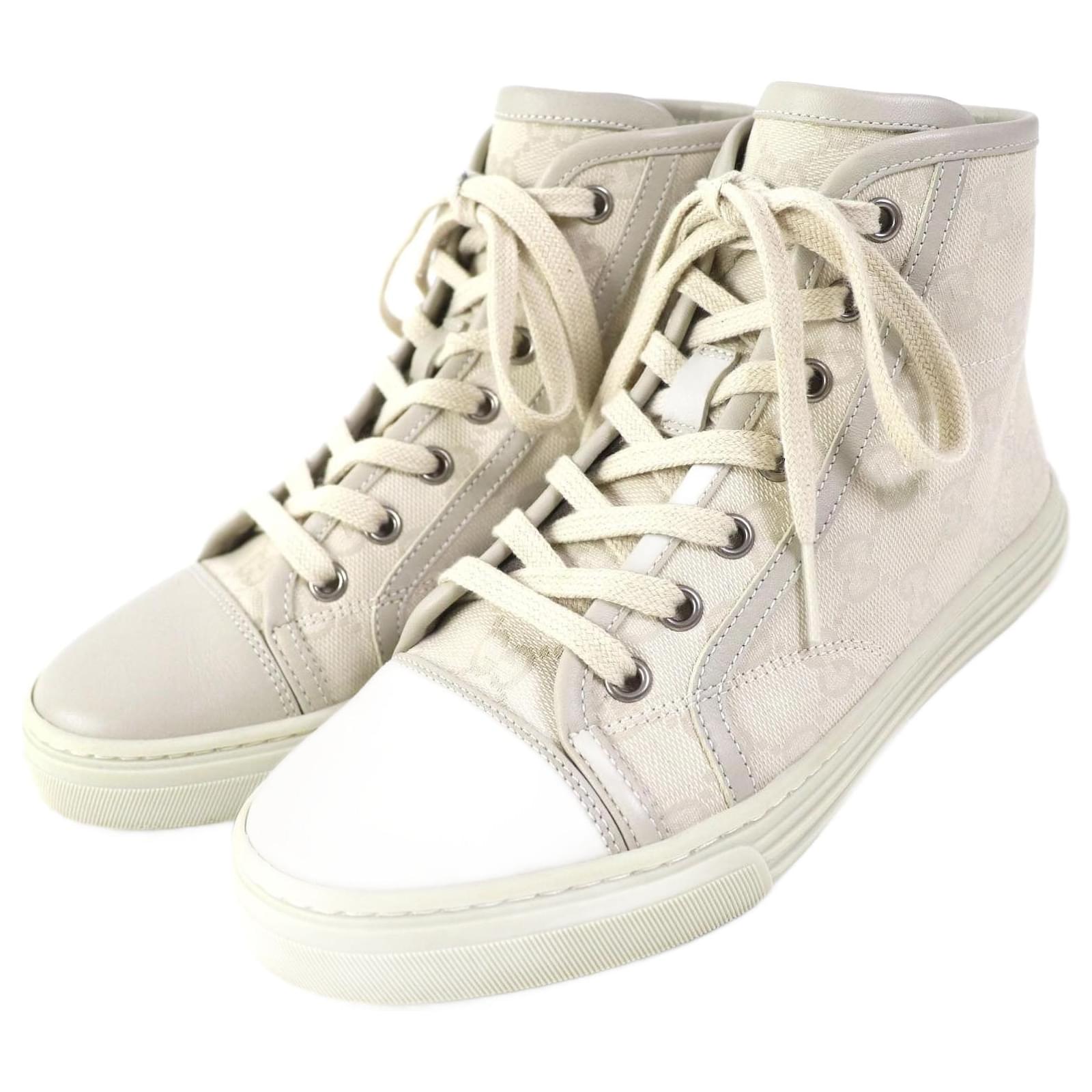 Gucci GG Canvas Leather High Cut Sneakers 34.5 Beige  ref.1697499