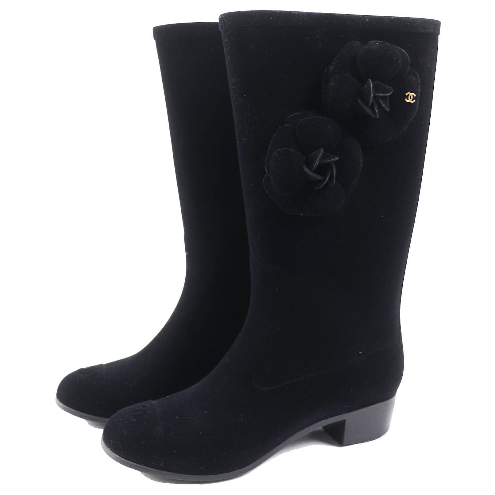 Chanel Camellia Velour Low Heel Boots Black Velvet  ref.1695727