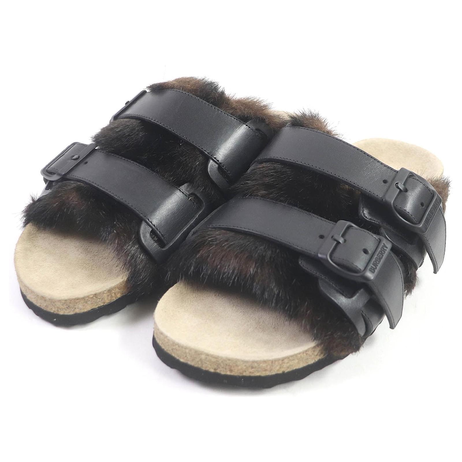 Burberry Faux Fur Belted Slide Sandals Leather  ref.1707179