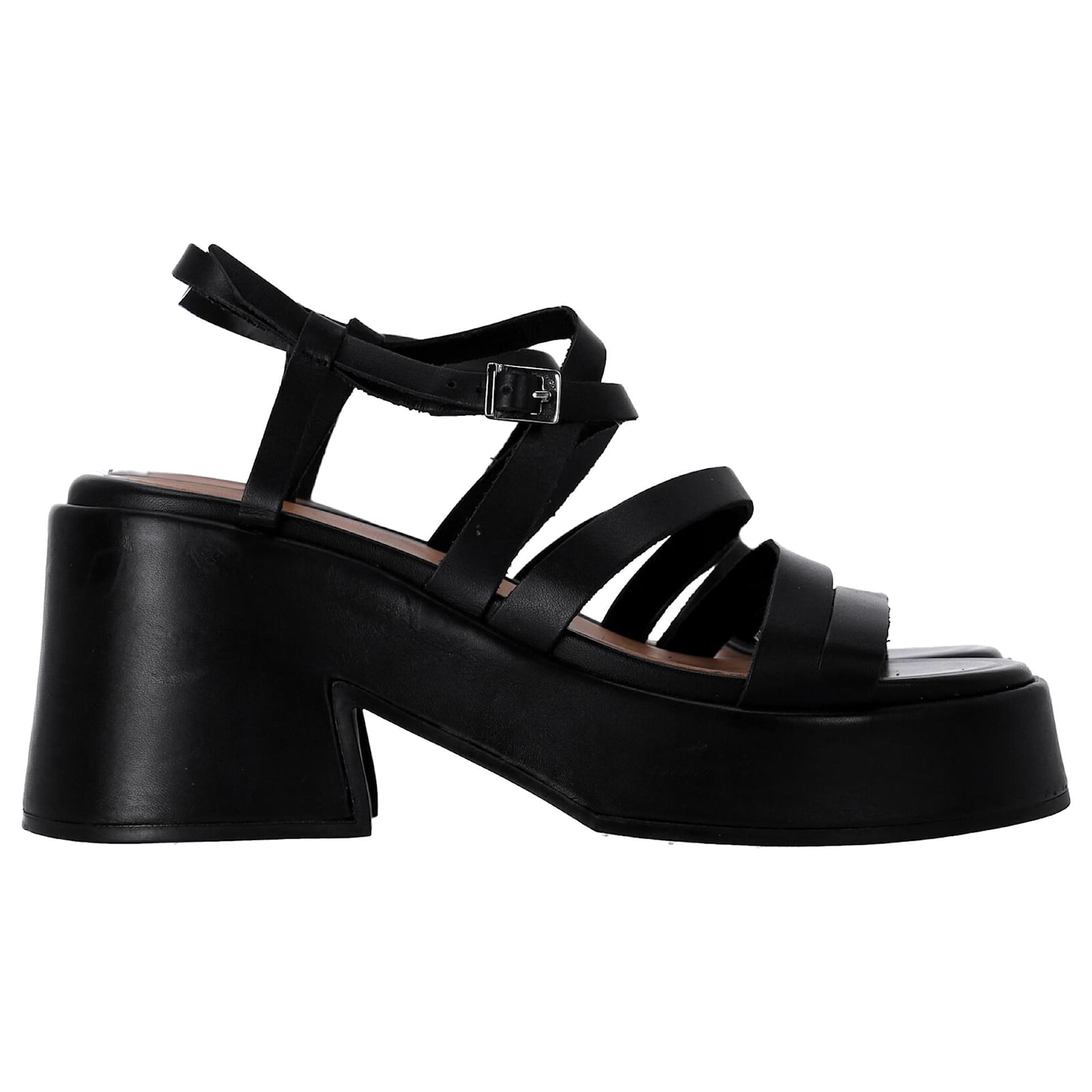  Ganni Strappy Platform Sandals in Black Calf Leather Pony-style calfskin  ref.2131273