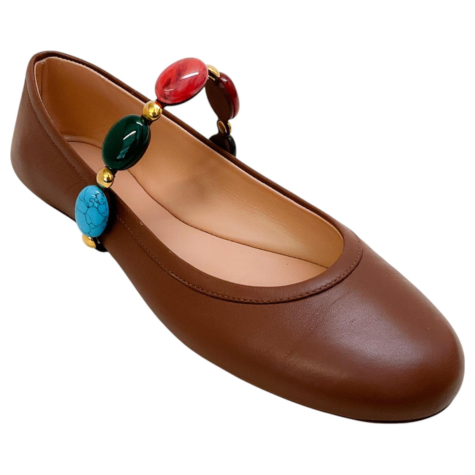 Gianvito Rossi Brown Leather Shanti Embellished Mary Jane Flats  ref.2256655