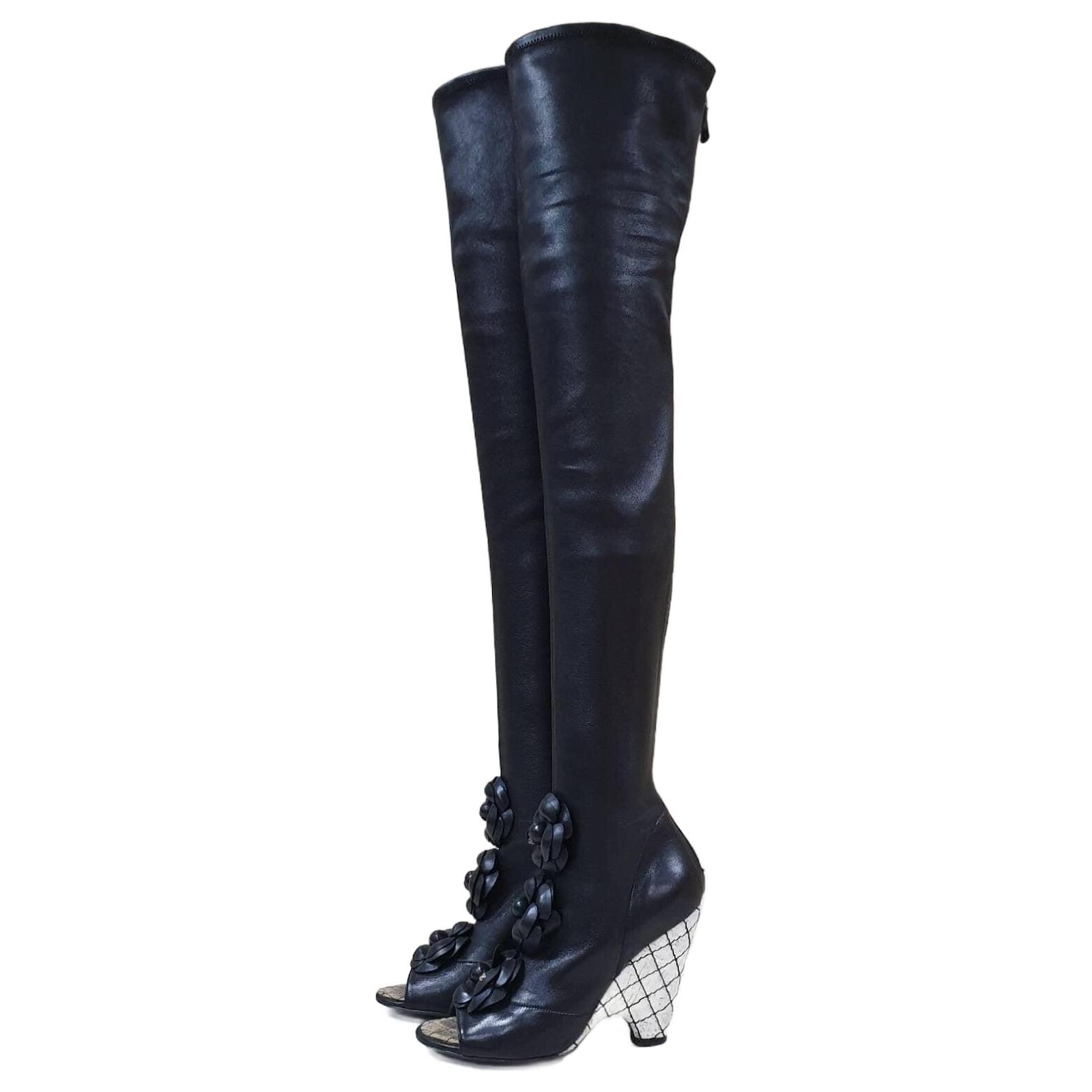 Chanel Black Leather Camellia Wedge Over The Knee Boots  Sz. 37  ref.2255533