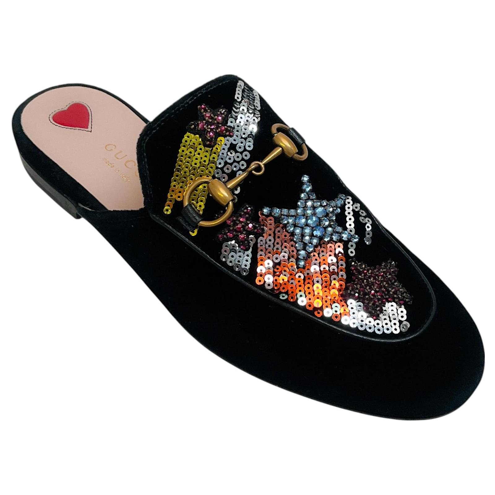 Gucci Black Velvet Multi Sequin Embellished Princetown Mules  ref.2254602
