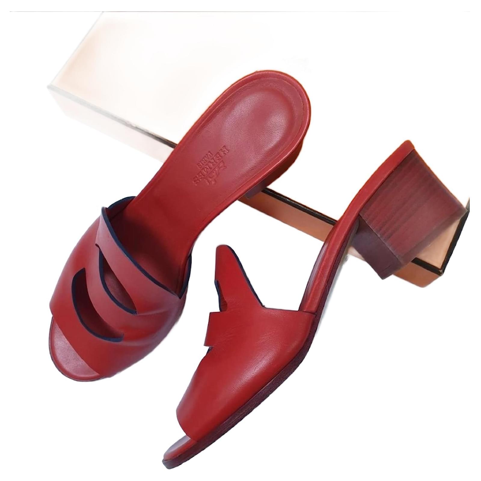 Hermès Hermes Red Leather Mona Block Heel Slide Sandals Sz.38 pre-owned  ref.2244424