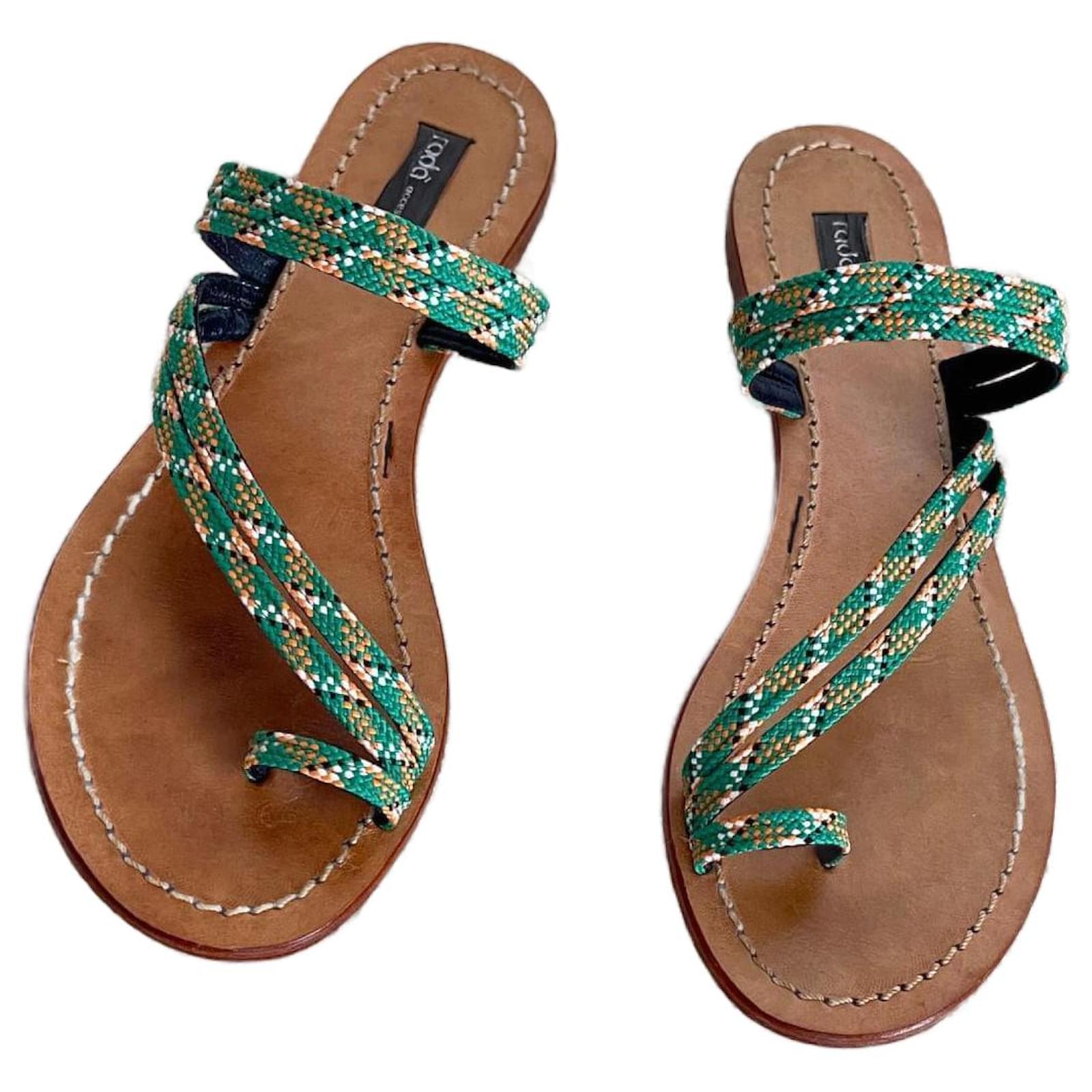 Autre Marque RADA flat sandals, thong or toe post Rada green orange straps size 38 Leather Cotton  ref.2250381