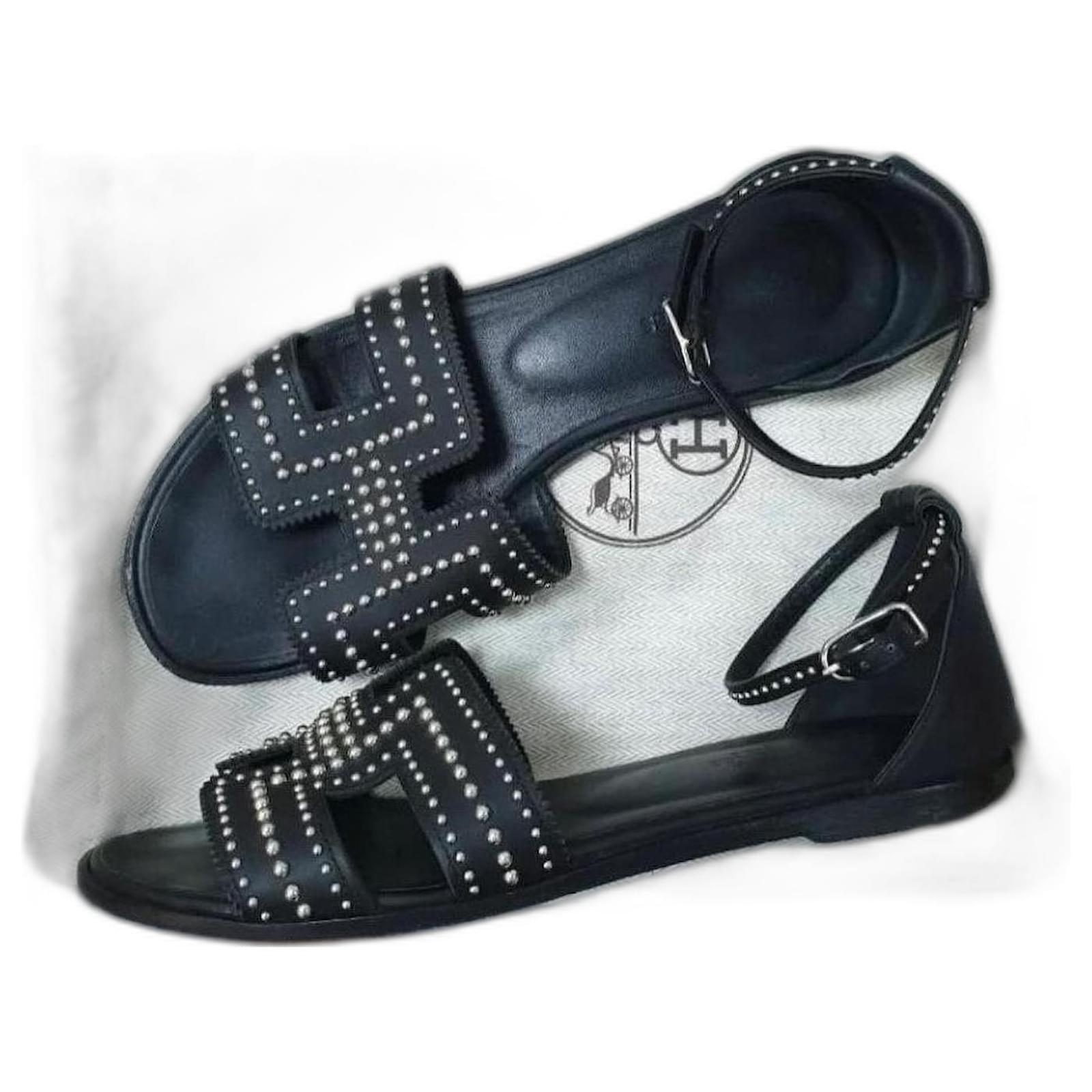 Hermès Hermes Black Leather Santorini Ankle Wrap Sandals Size 37 pre-owned  ref.2233289