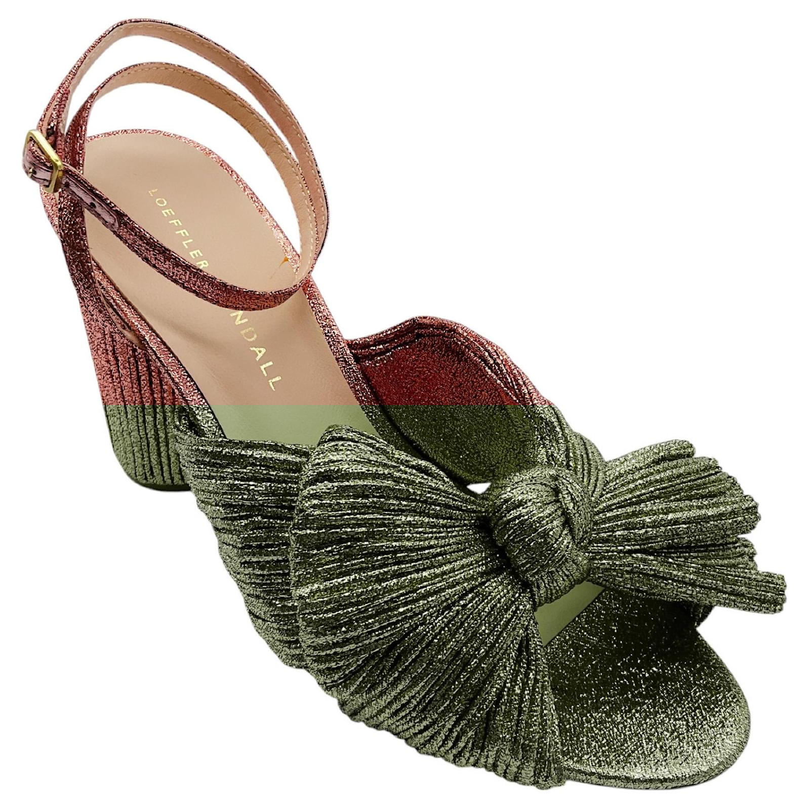 Loeffler Randall Pink Metallic Camellia Pleated Bow Heel Sandals  ref.2239241