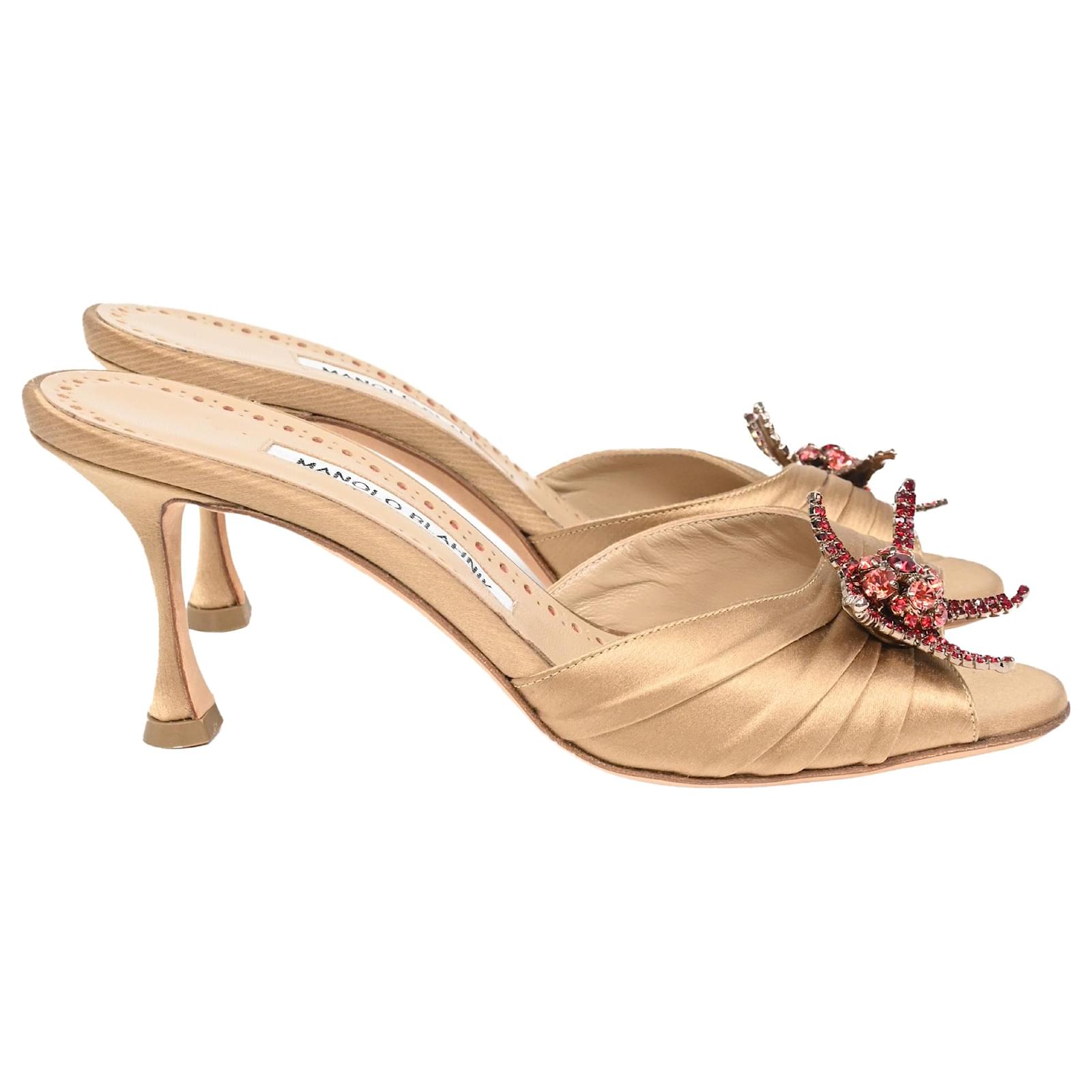  Manolo Blahnik Embellished Slide Sandal Heels in Brown Satin  ref.2237232