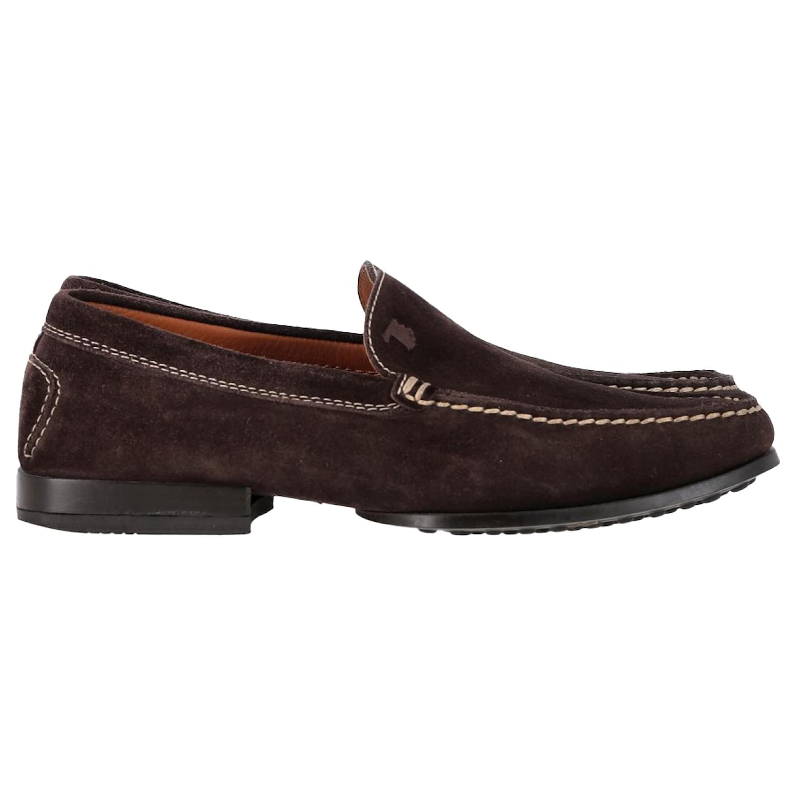  Tod's Logo Visible Stitch Loafers in Brown Suede Red  ref.2040900
