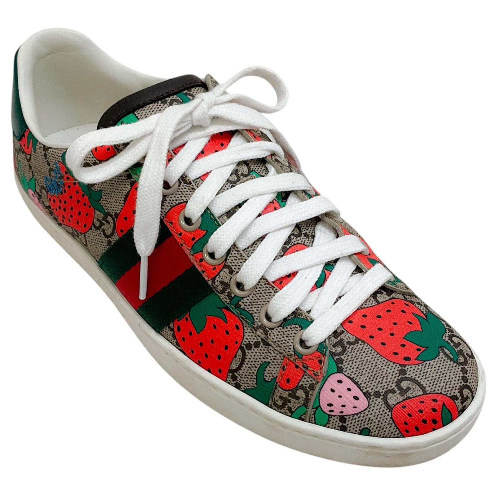 Gucci GG Supreme Monogram Sylvie Ace Strawberry Sneakers Brown Leather  ref.2237077