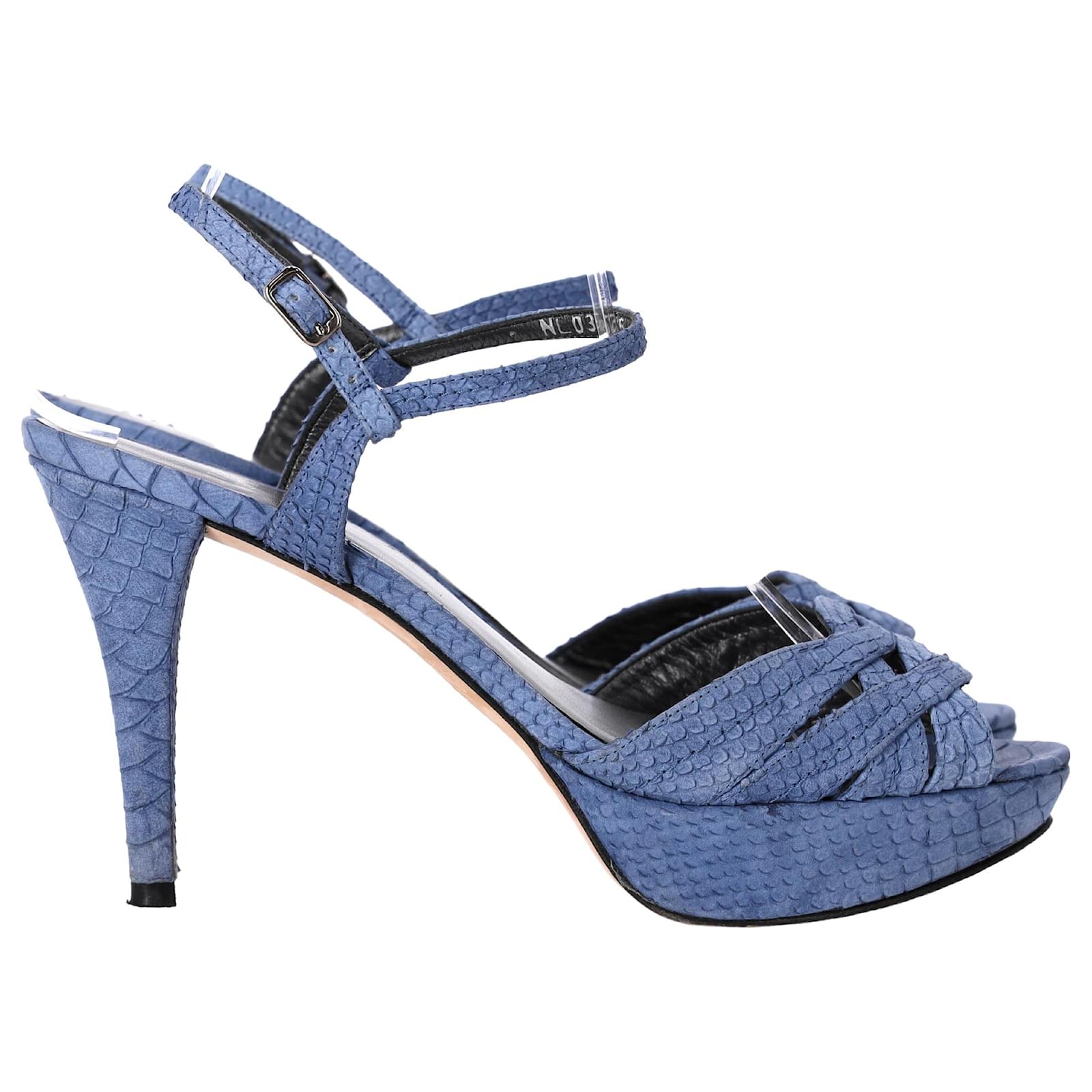  Stuart Weitzman Crocodile-Embossed Platform Sandal Heels in Blue Leather  ref.1616776