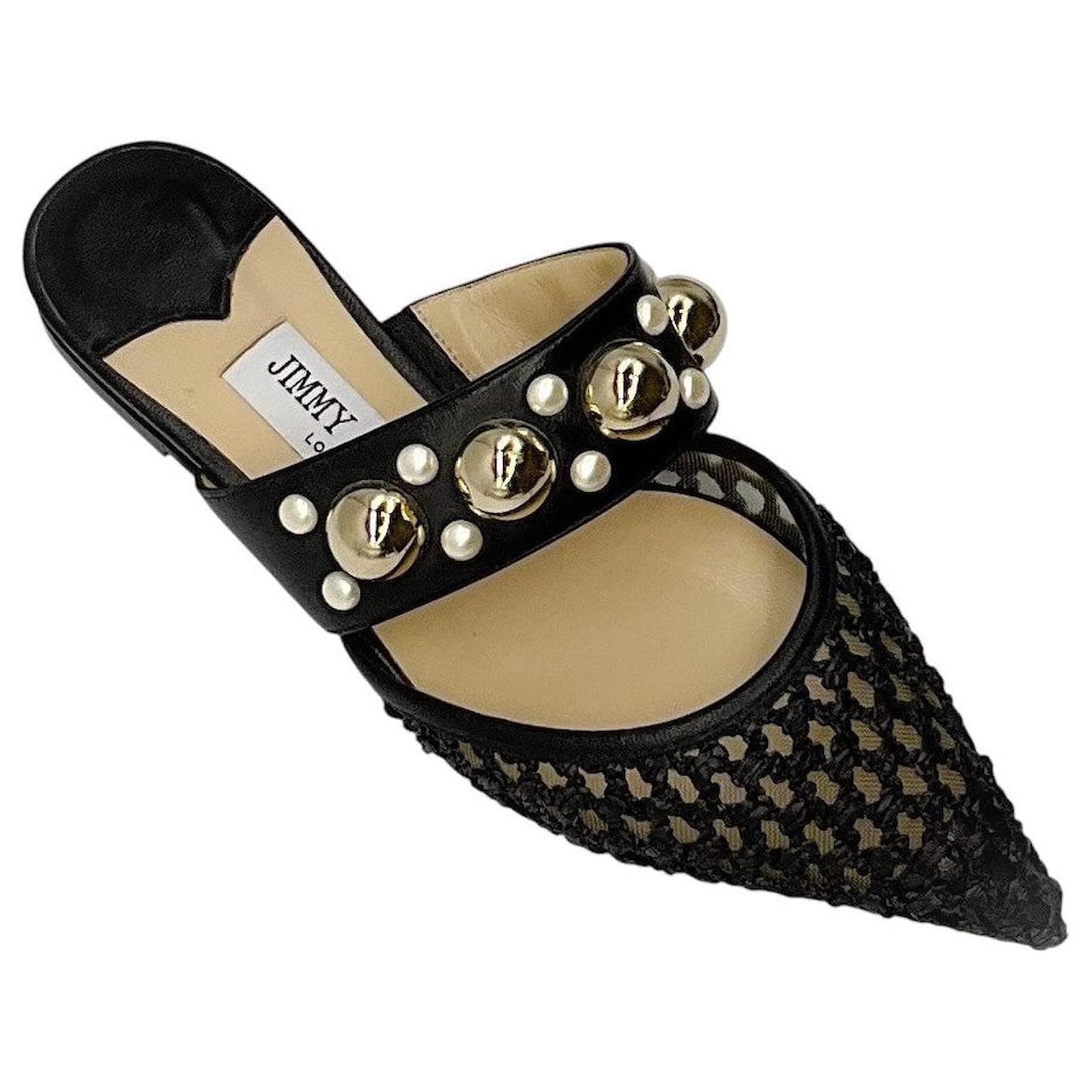 Jimmy Choo Black Basette Pearl Embellished Raffia and Nappa Leather Flat Mules  ref.2229016