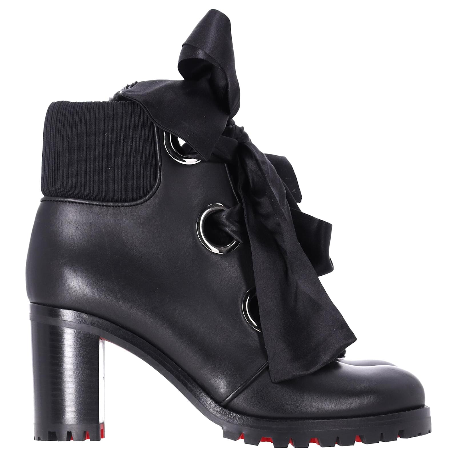  Christian Louboutin Jenny Bow Lace Heeled Ankle Boots in Black Calf Leather Pony-style calfskin  ref.1896135