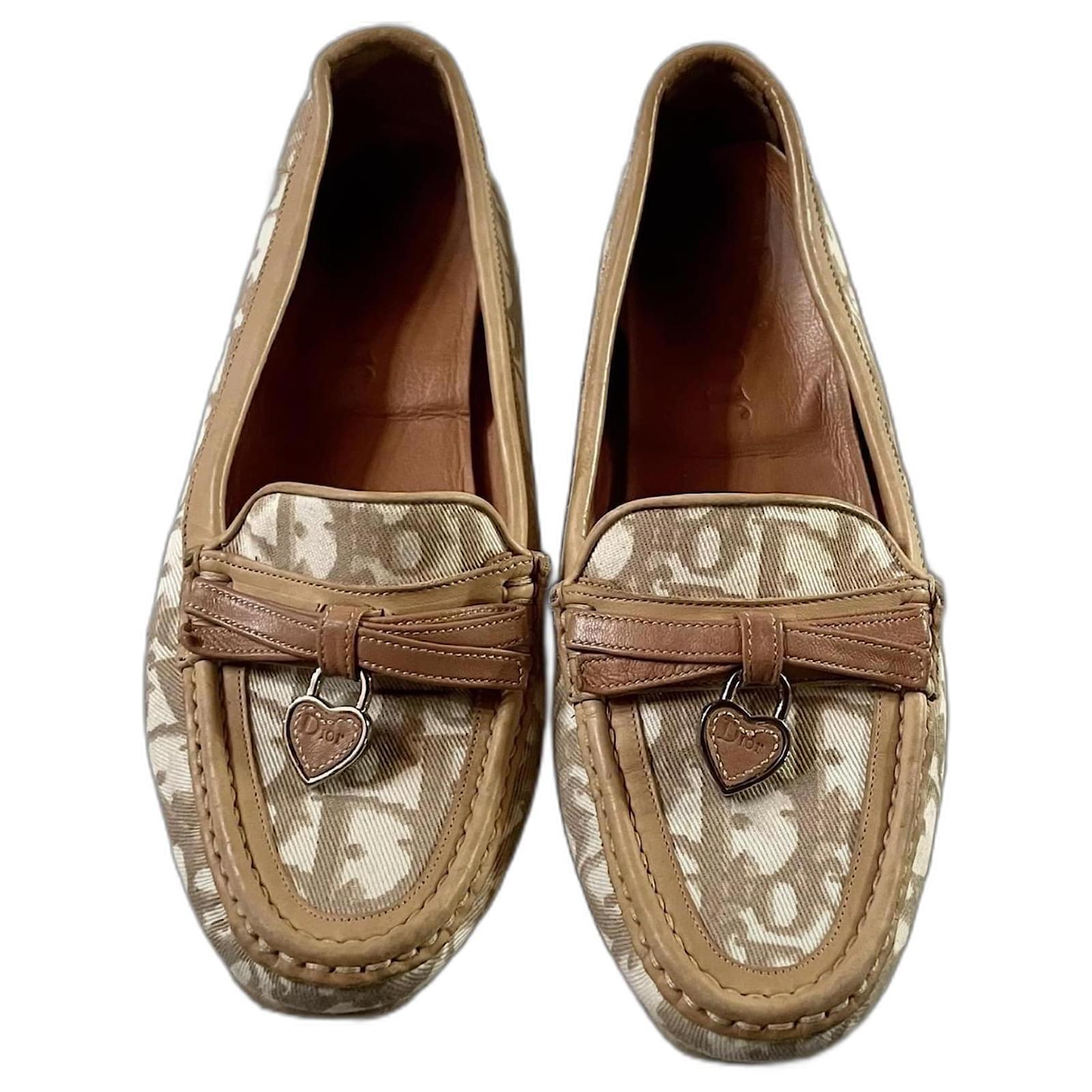 Dior monogram loafers 37.5 Beige Camel Leather Cloth  ref.1229395