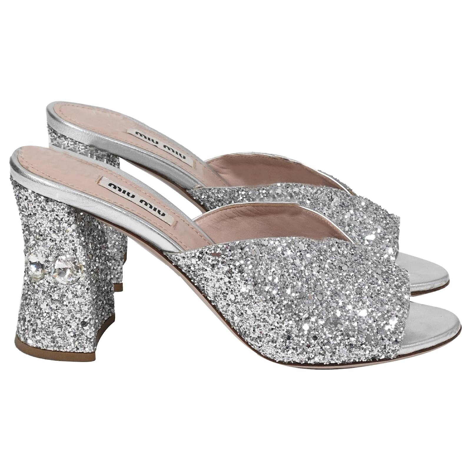 Miu Miu Rocchetto Block Heel Slide Sandals in Silver Glitter Silvery Metallic  ref.2215046