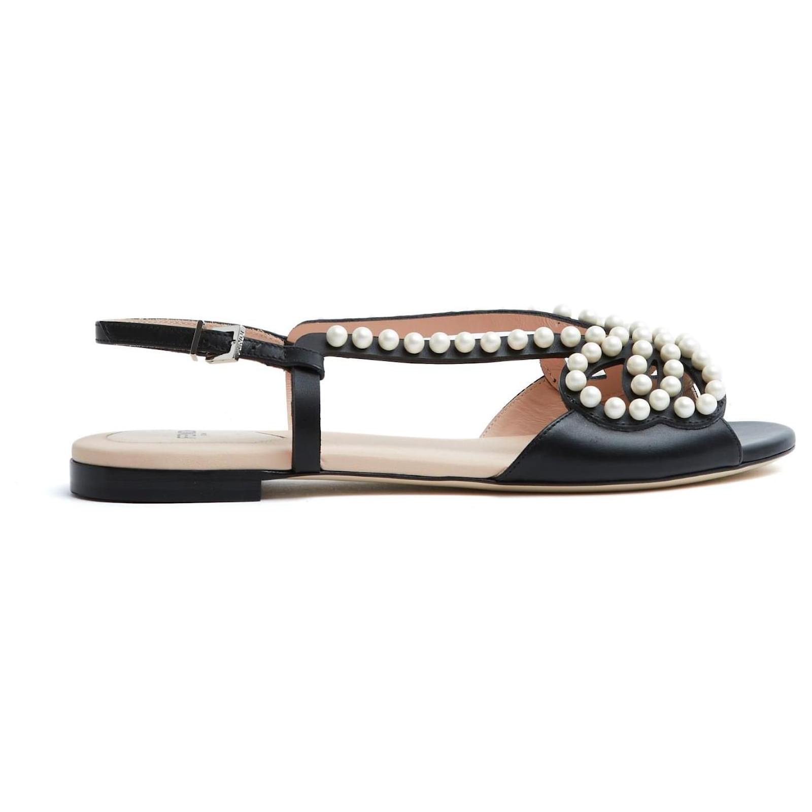 Fendi Pearl Sandals FR38 Black Leather Fancy Pearls flats sandals UK5 US7.5 New  ref.2210880
