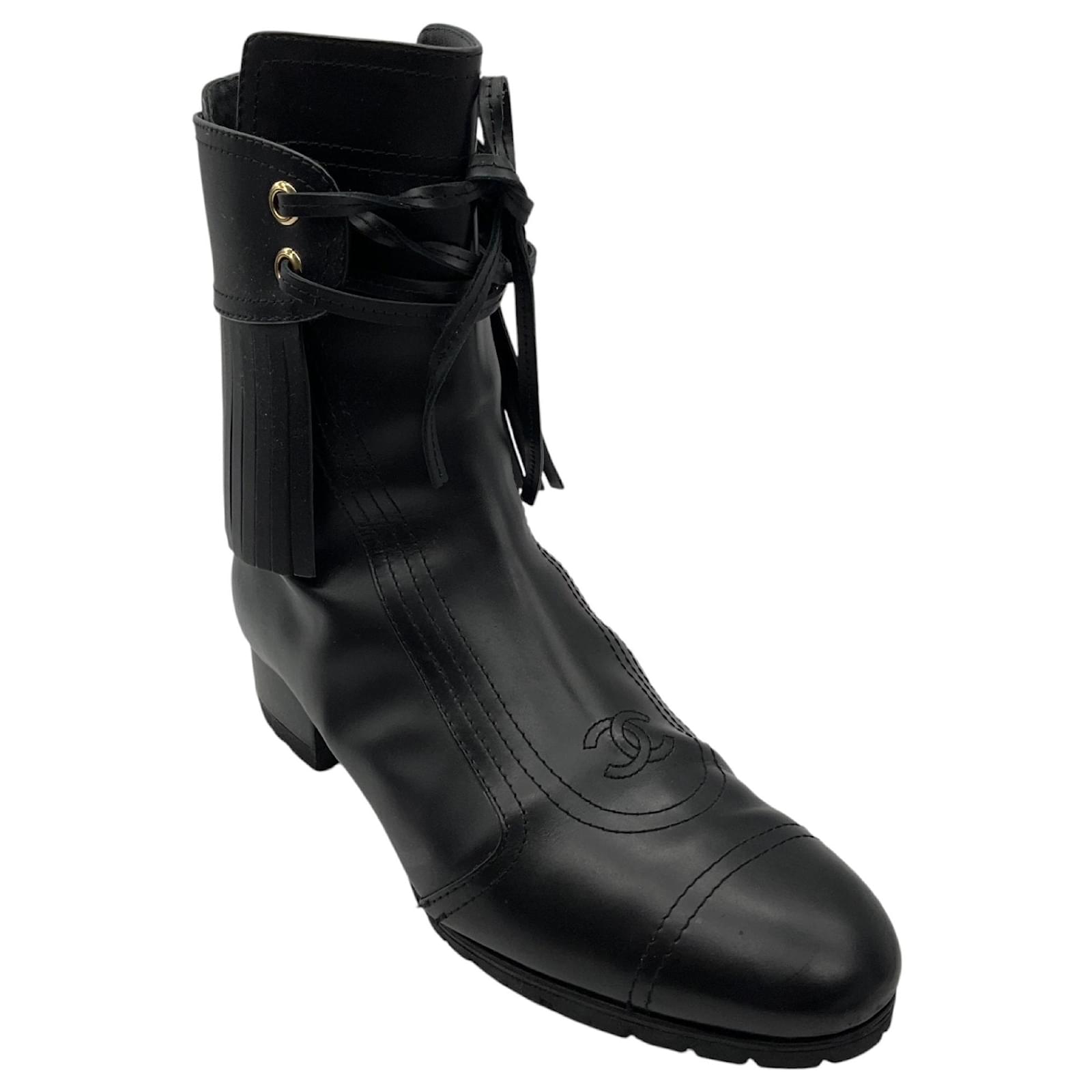 Chanel Black 2014 CC Logo Calfskin Leather Fringe Ankle Boot  ref.2209820