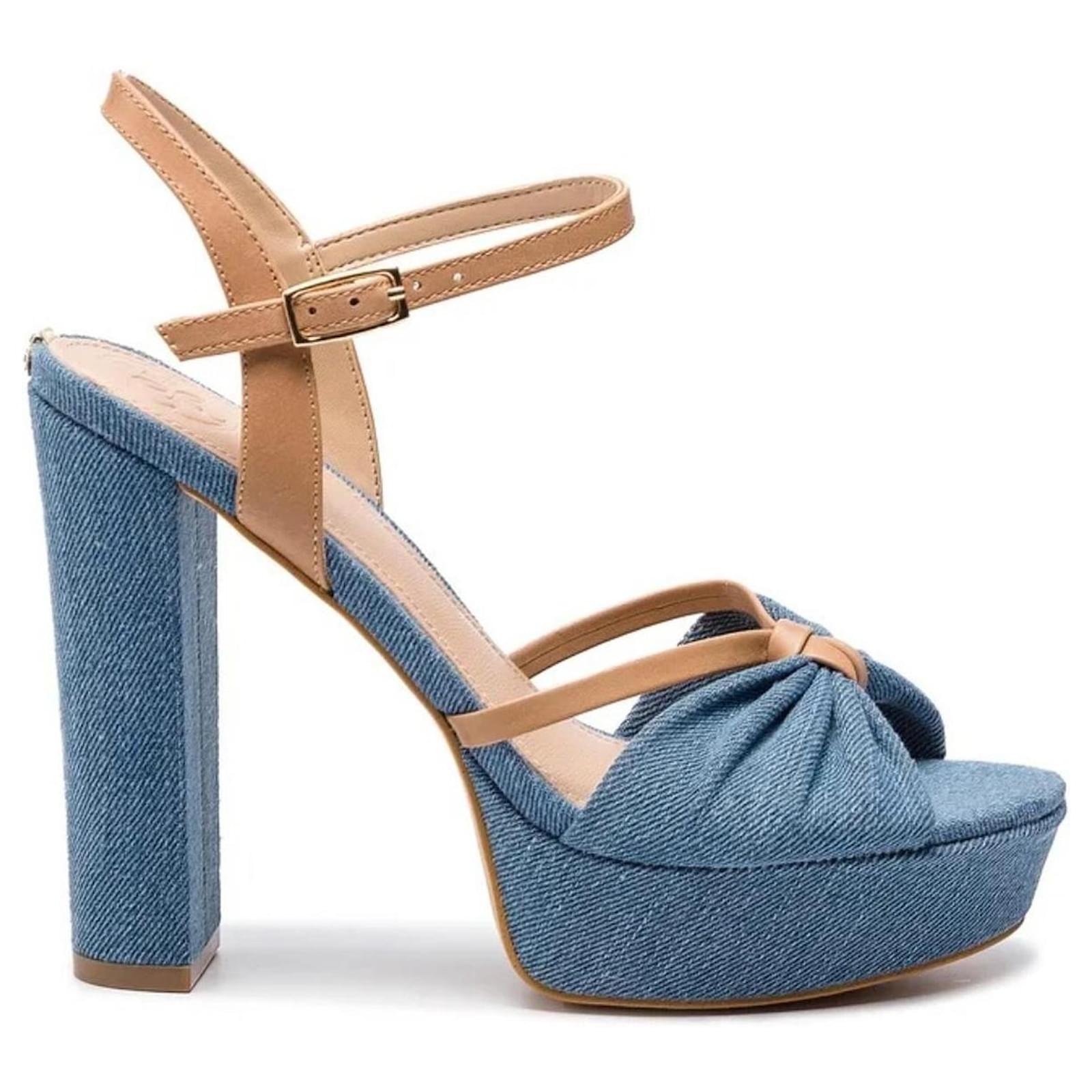 New blue denim and camel leather sandals GUESS size 38 Light blue  ref.2202796