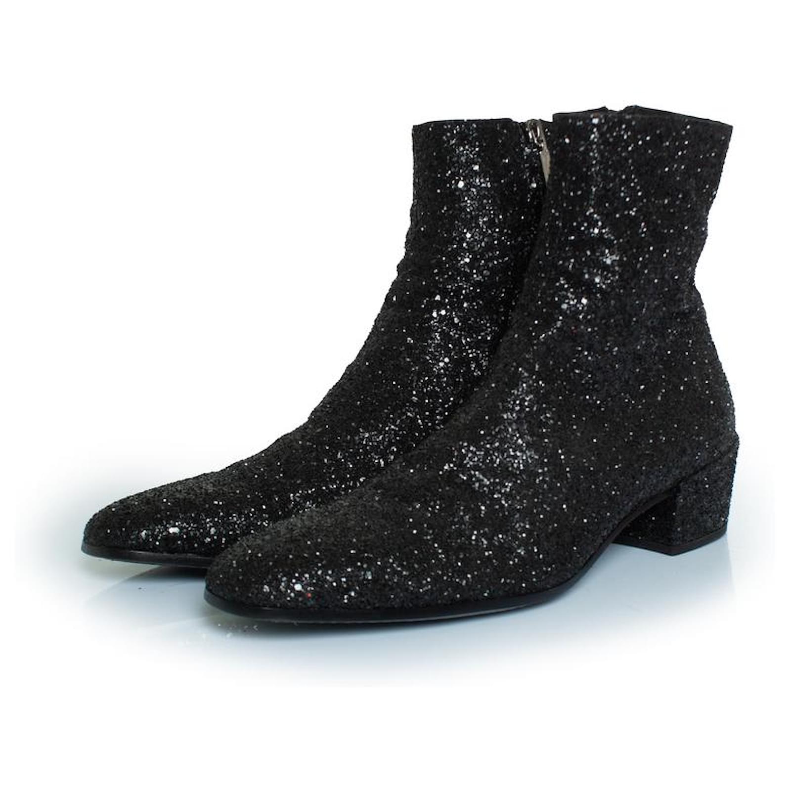 Saint Laurent, Black glitter Caleb zippered boots Leather  ref.2202184