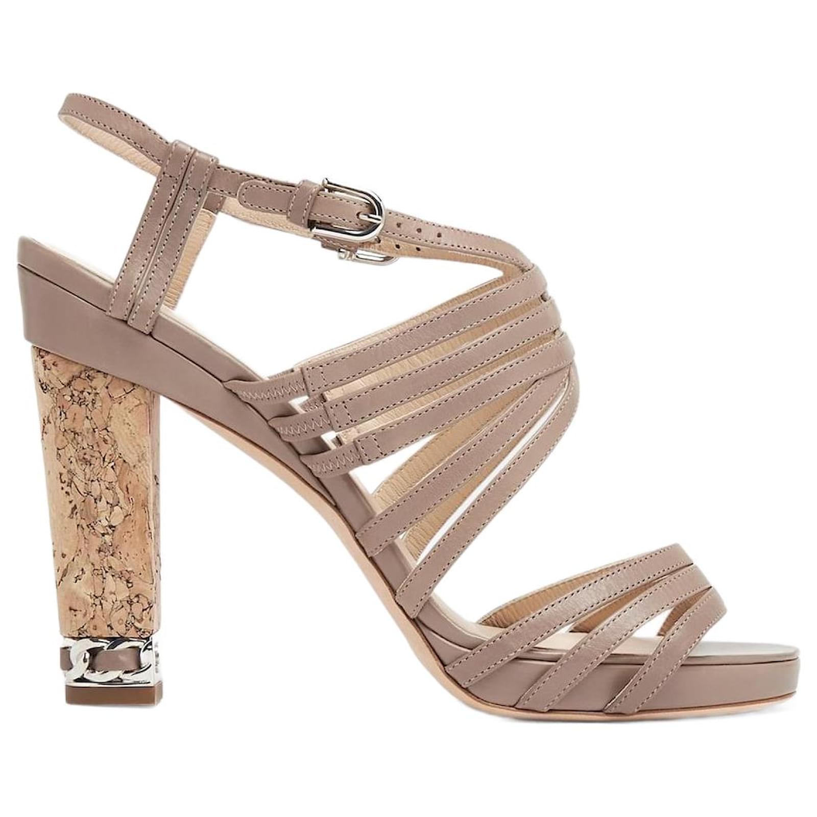 Chanel Chain Embellished Cork Heel Strappy Sandals in Beige Leather   ref.2198270
