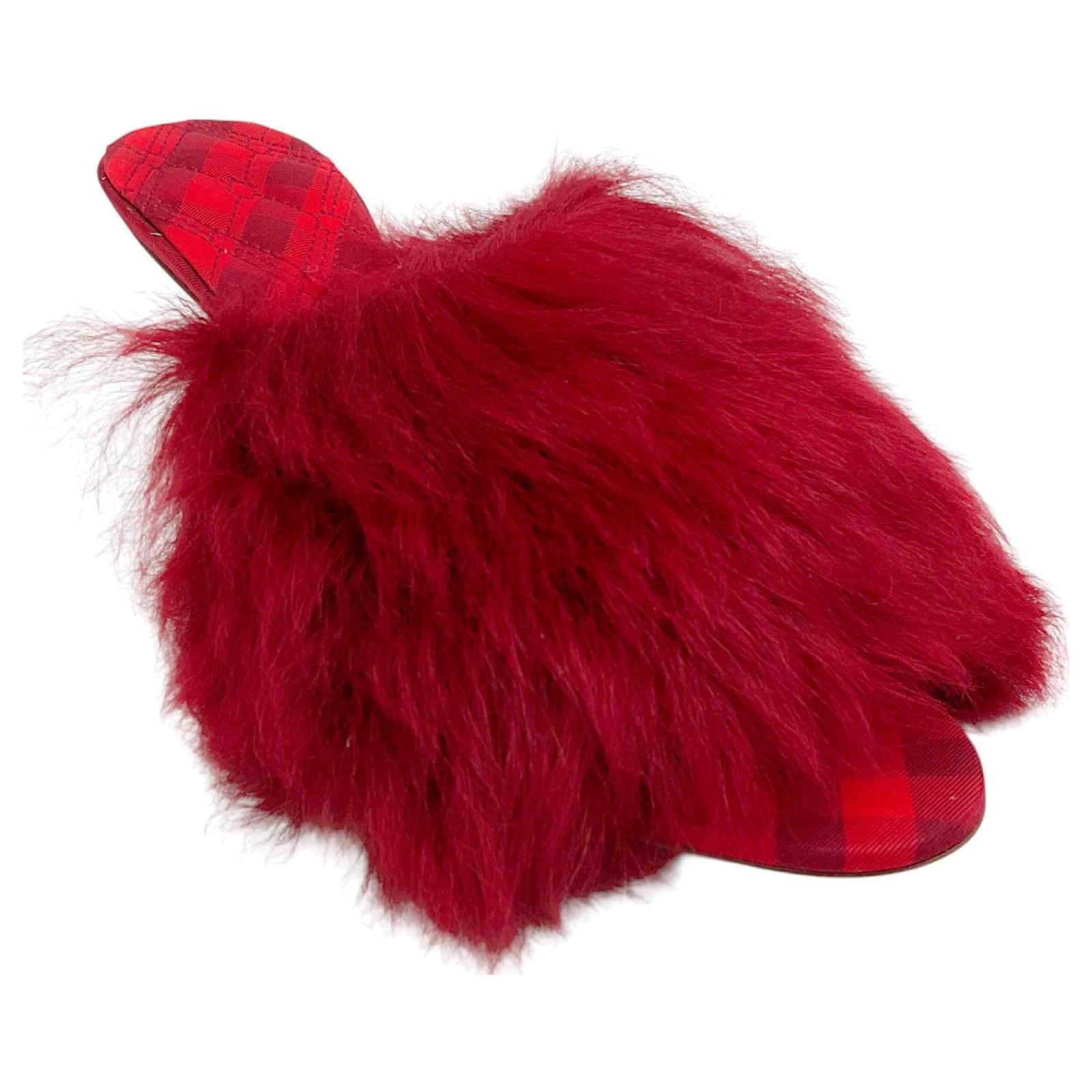 Burberry Prorsum Red Shearling Slide Sandals with Plaid Fur  ref.2197714