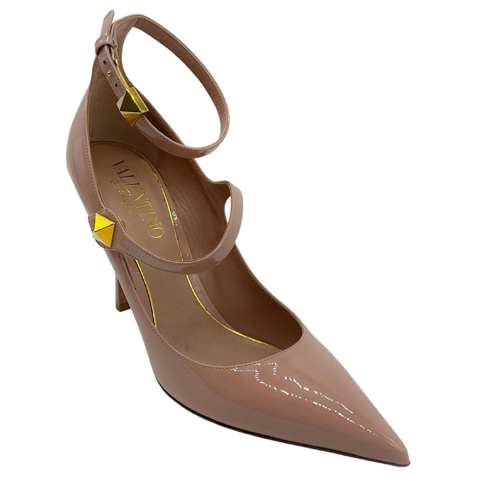 Valentino Nude Ma Belle Rose Cannelle Rockstud Pointed Toe Tiptoe Ankle Strap 100mm Pumps Beige Patent leather  ref.2196006
