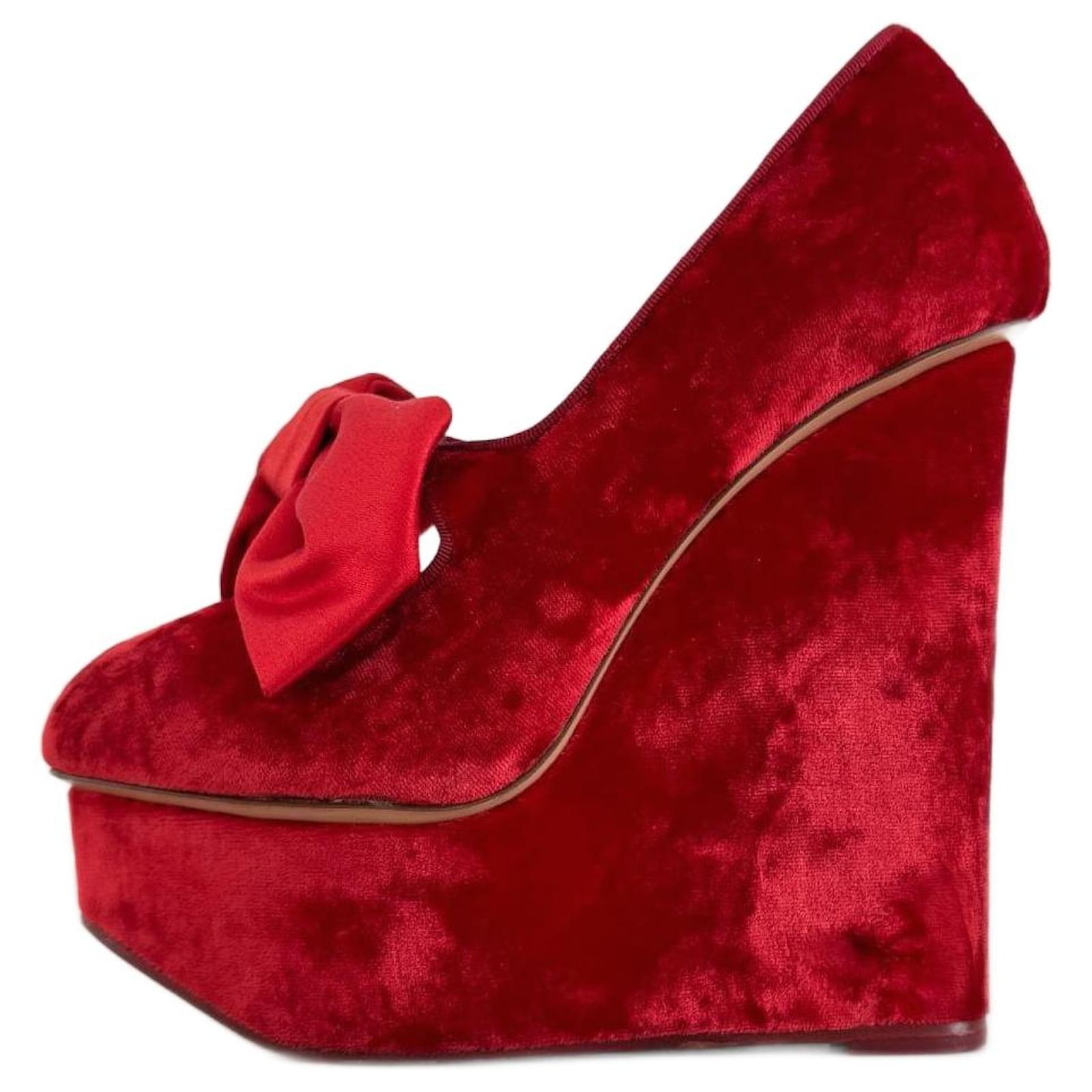 Charlotte Olympia Heels Red Leather Velvet  ref.2190925