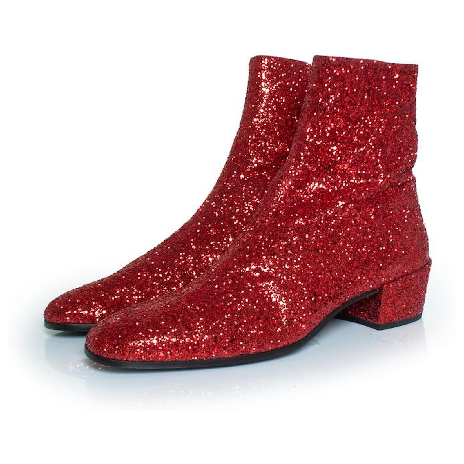 Saint Laurent, Red glitter Caleb zippered boots Leather  ref.2190858