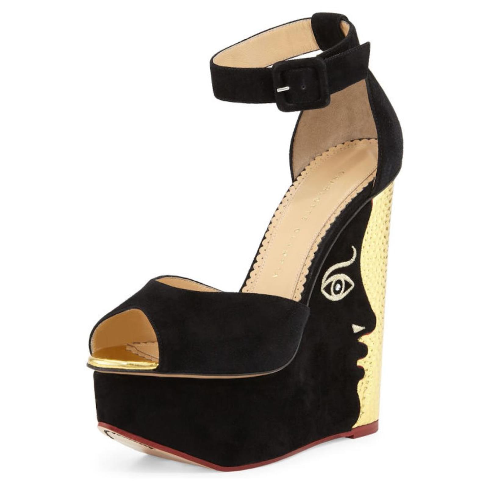 Charlotte Olympia Two-Faced sandals Black Golden Suede  ref.2186735
