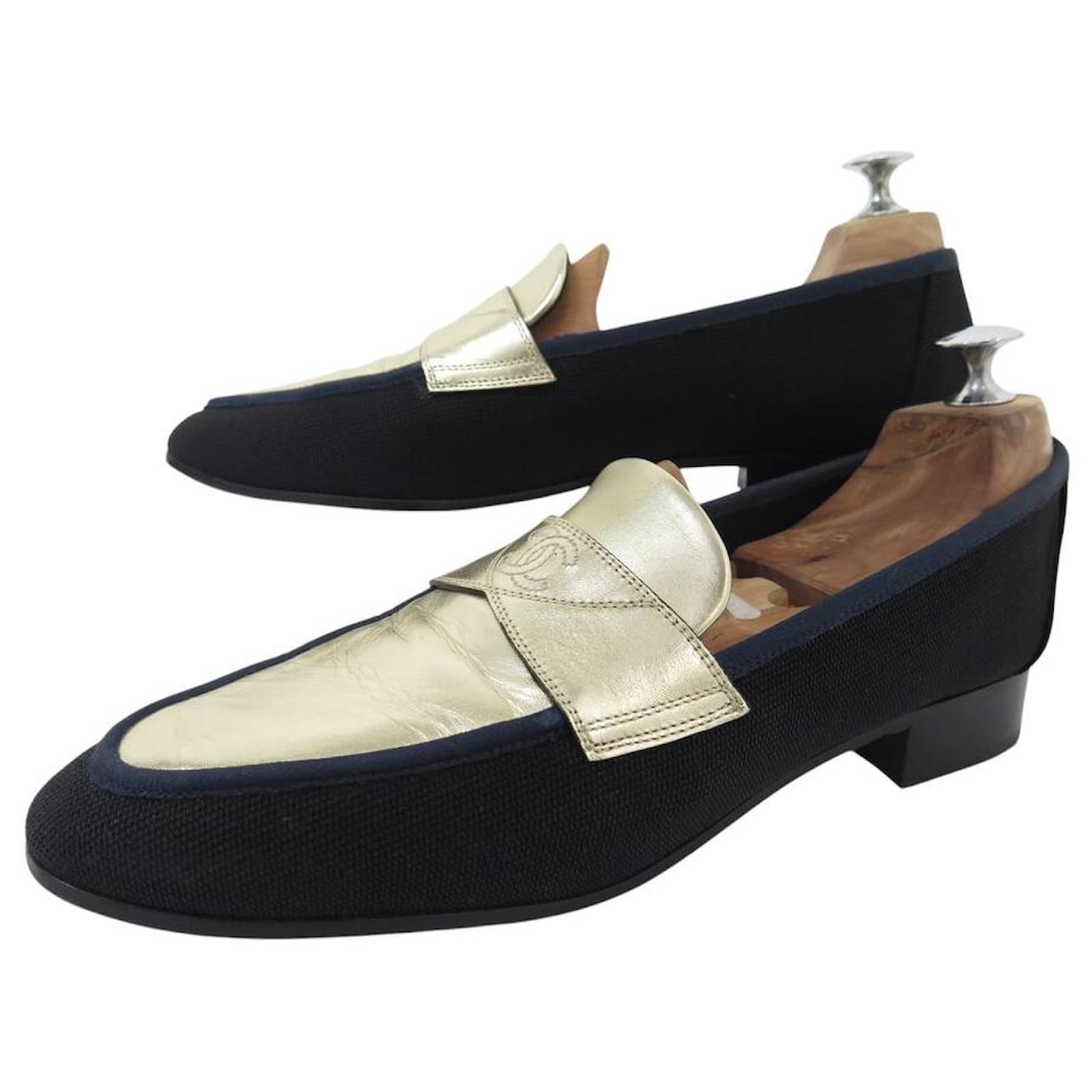 CHANEL SHOES LOAFERS CC LOGO 40.5 BICOLORE CANVAS LEATHER LOAFERS SHOES  ref.2090805