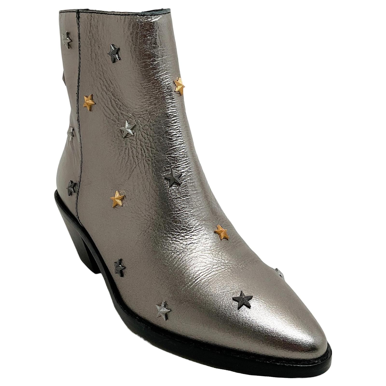 Zadig & Voltaire Silver Metallic Booties with Star Studs Leather  ref.1356570