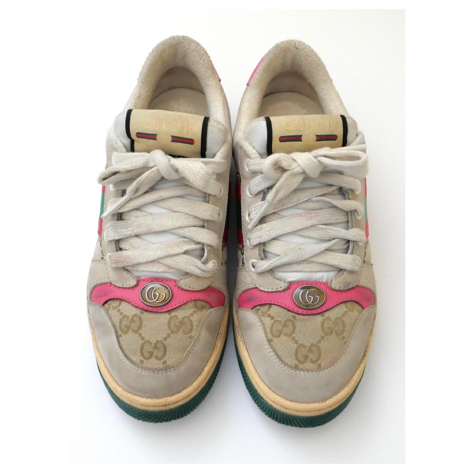 Coolest Gucci Screener vintage look trainers. Worn a handful of times and come with box, dustbags and info cards. Made from signature monogram canvas with red and green webbing and red leather trims. Have a coupe of marks form wear but these are supposed to look vintage. Size 36.5. Measures approx - 10” heel to toe. Beige Cloth  ref.2175527