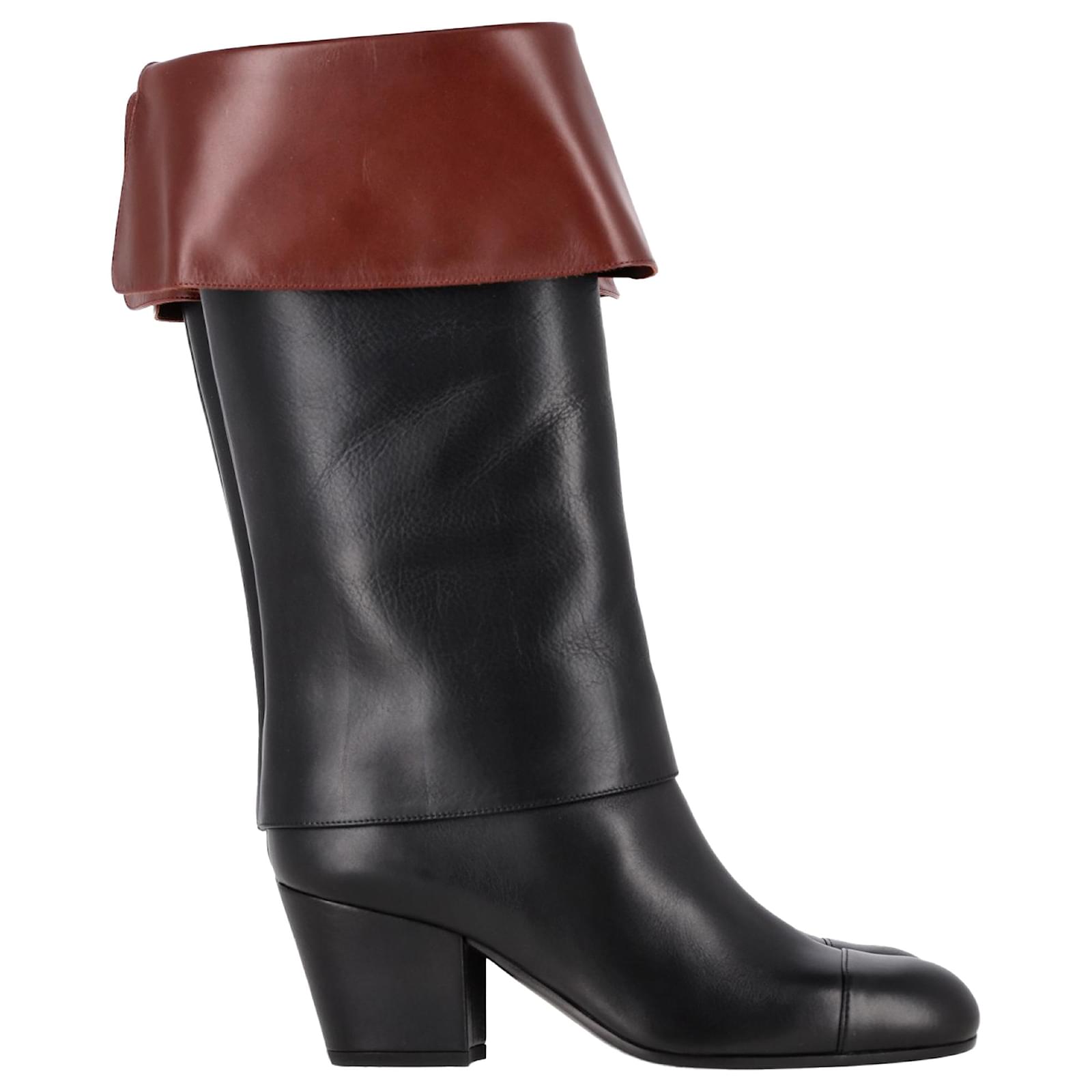  Chanel CC Foldover Mid-Calf Boots in Black Leather Pony-style calfskin  ref.2173047